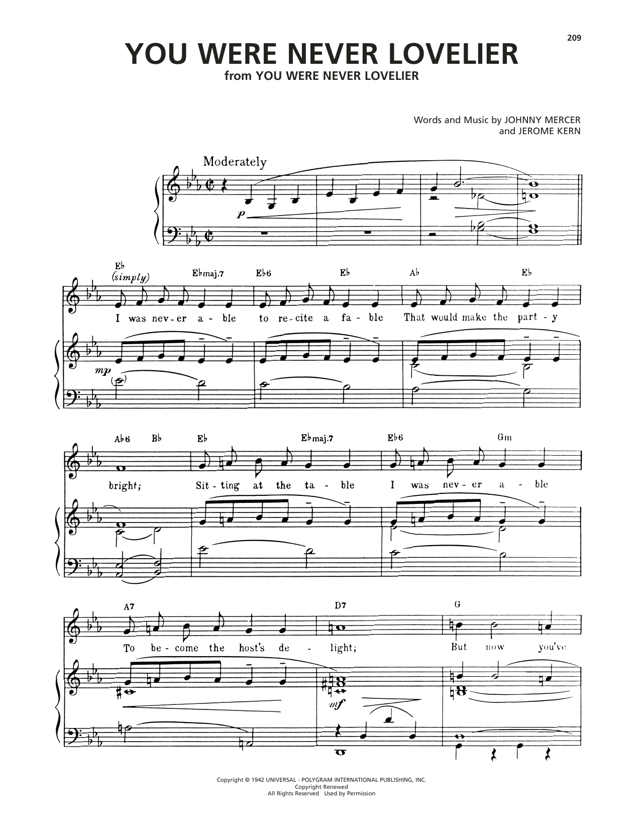 Jerome Kern You Were Never Lovelier Sheet Music Notes & Chords for Piano, Vocal & Guitar Chords (Right-Hand Melody) - Download or Print PDF