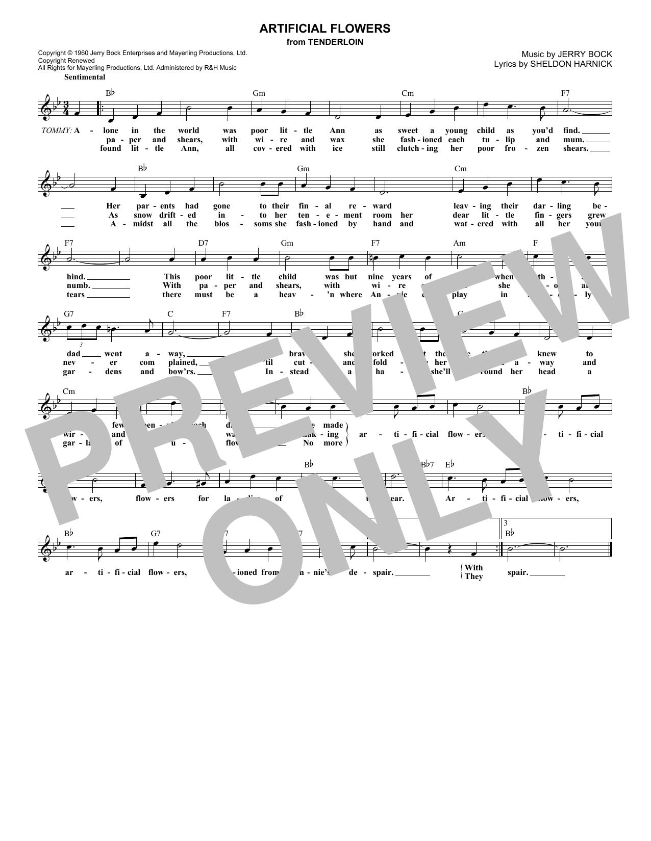 Jerry Bock Artificial Flowers Sheet Music Notes & Chords for Melody Line, Lyrics & Chords - Download or Print PDF