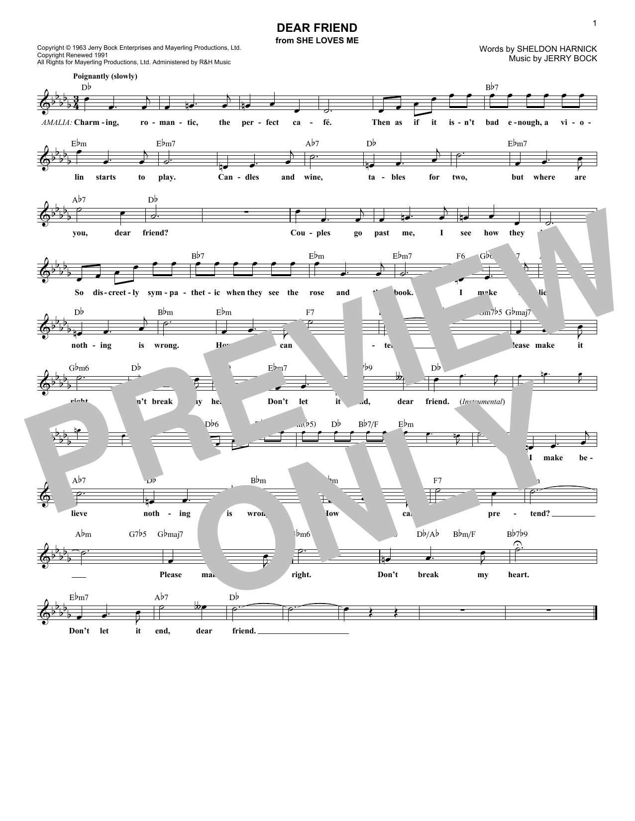 Jerry Bock Dear Friend Sheet Music Notes & Chords for Melody Line, Lyrics & Chords - Download or Print PDF