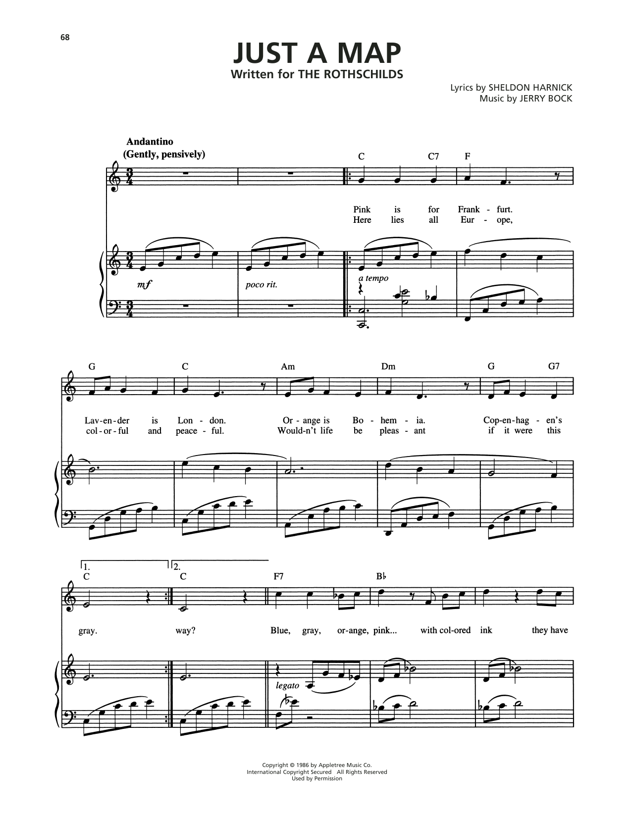 Jerry Bock Just A Map (from The Rothschilds) Sheet Music Notes & Chords for Piano, Vocal & Guitar Chords (Right-Hand Melody) - Download or Print PDF