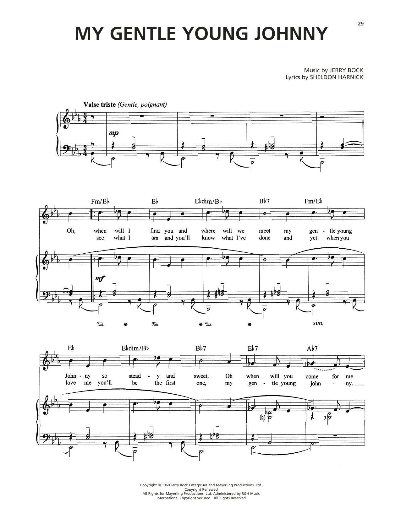 Jerry Bock My Gentle Young Johnny (from Tenderloin) Sheet Music Notes & Chords for Piano, Vocal & Guitar Chords (Right-Hand Melody) - Download or Print PDF