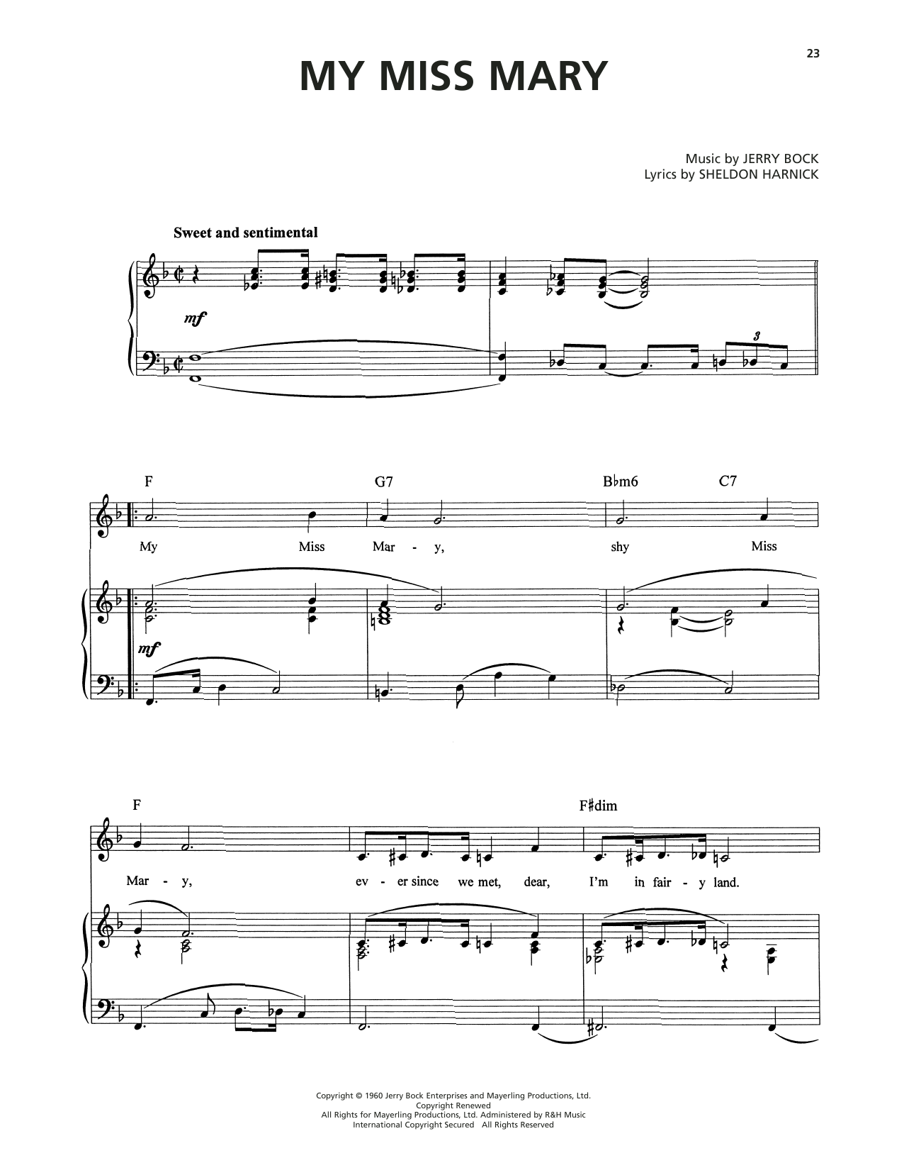 Jerry Bock My Miss Mary (from Tenderloin) Sheet Music Notes & Chords for Piano, Vocal & Guitar Chords (Right-Hand Melody) - Download or Print PDF