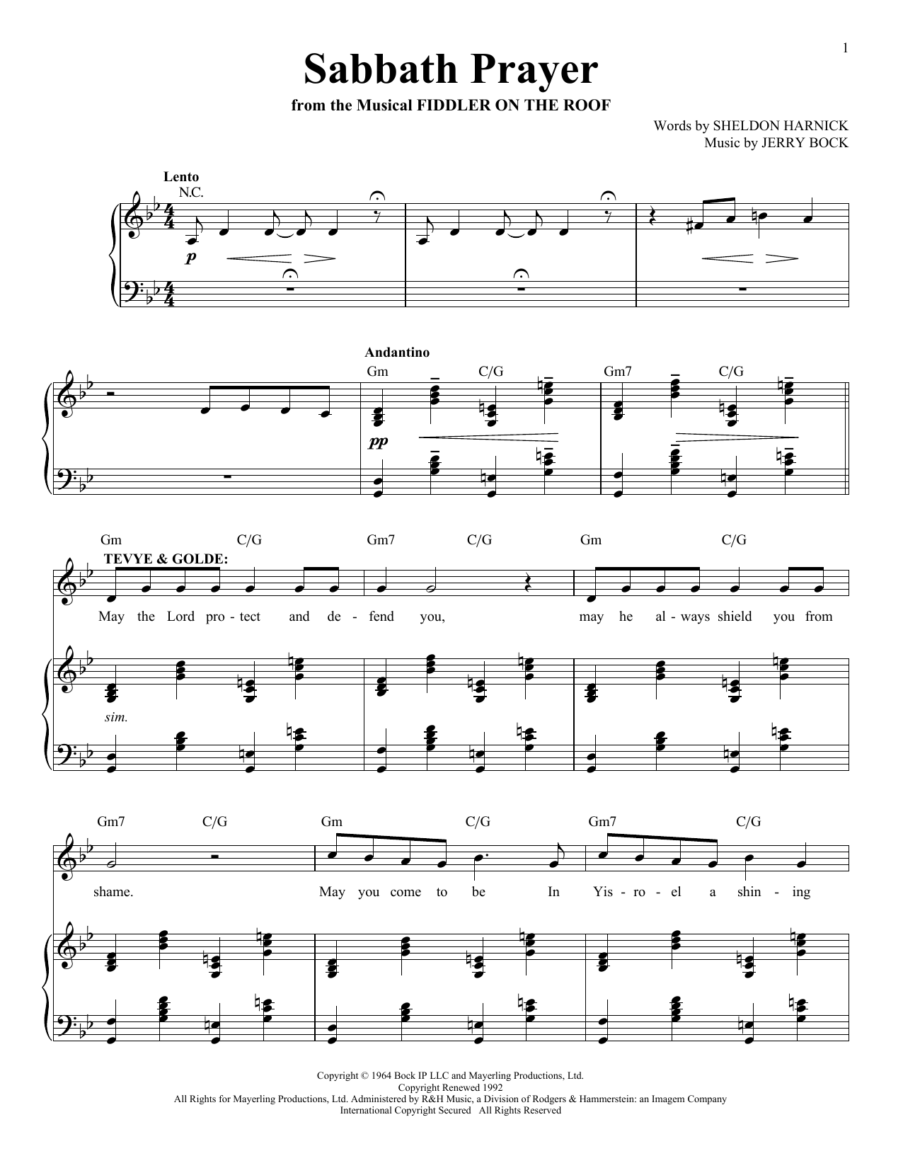 Jerry Bock Sabbath Prayer Sheet Music Notes & Chords for Voice - Download or Print PDF