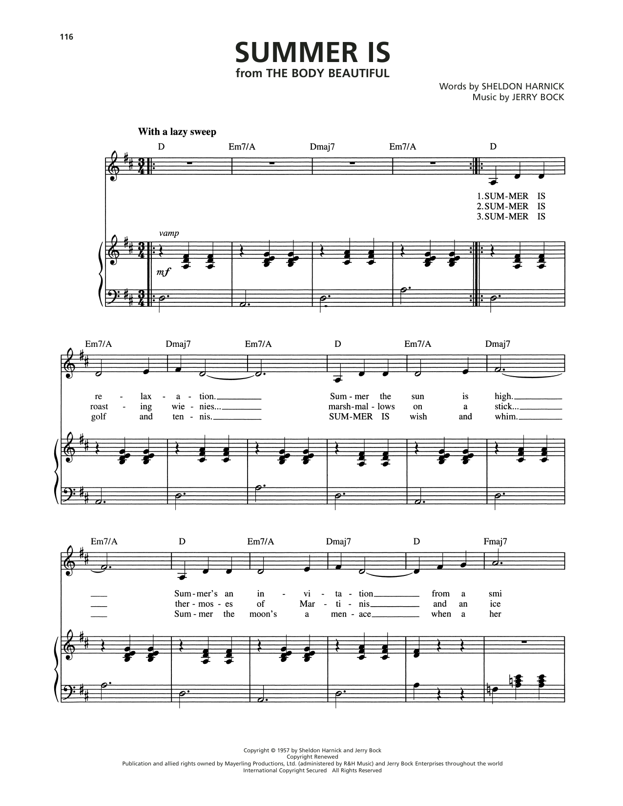 Jerry Bock Summer Is (from The Body Beautiful) Sheet Music Notes & Chords for Piano, Vocal & Guitar Chords (Right-Hand Melody) - Download or Print PDF Jerry Bock Summer Is (from The Body Beautiful) Sheet Music Notes & Chords for Piano, Vocal & Guitar Chords (Right-Hand Melody) - Download or Print PDF