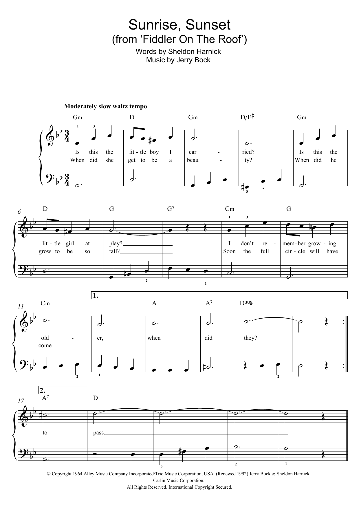 Jerry Bock Sunrise, Sunset (from Fiddler On The Roof) Sheet Music Notes & Chords for Violin Duet - Download or Print PDF
