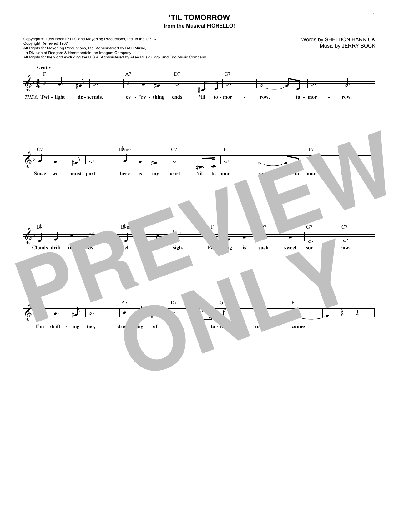 Jerry Bock 'Til Tomorrow Sheet Music Notes & Chords for Melody Line, Lyrics & Chords - Download or Print PDF