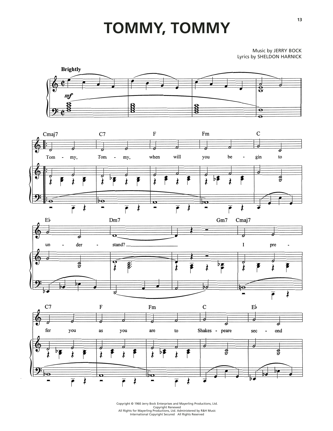 Jerry Bock Tommy, Tommy (from Tenderloin) Sheet Music Notes & Chords for Piano, Vocal & Guitar Chords (Right-Hand Melody) - Download or Print PDF