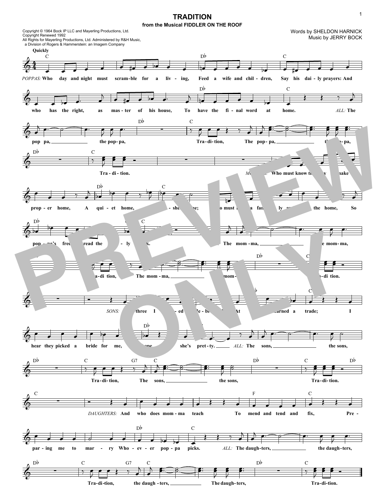 Jerry Bock Tradition Sheet Music Notes & Chords for Melody Line, Lyrics & Chords - Download or Print PDF
