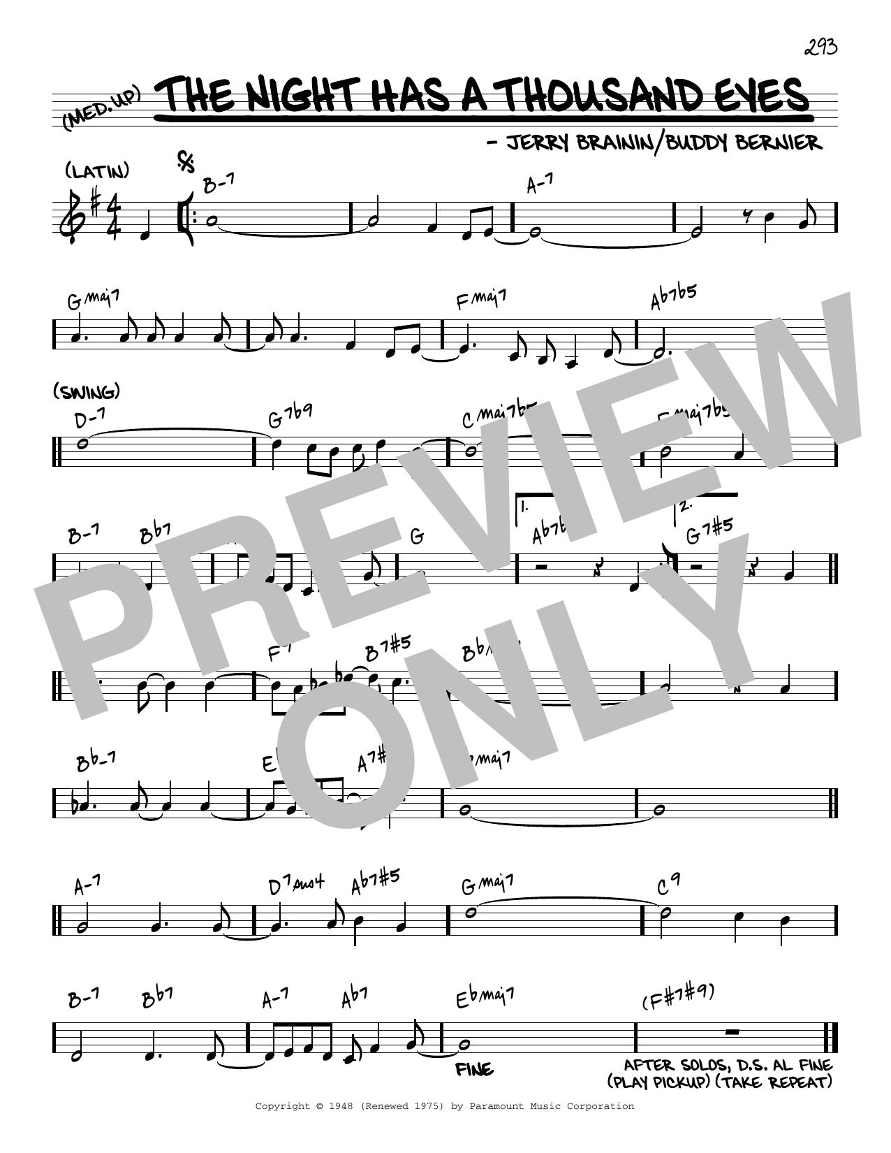 Jerry Brainin The Night Has A Thousand Eyes [Reharmonized version] (arr. Jack Grassel) Sheet Music Notes & Chords for Real Book – Melody & Chords - Download or Print PDF