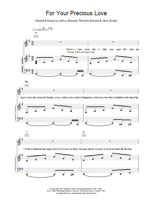Jerry Butler & The Impressions For Your Precious Love Sheet Music Notes & Chords for Piano, Vocal & Guitar - Download or Print PDF
