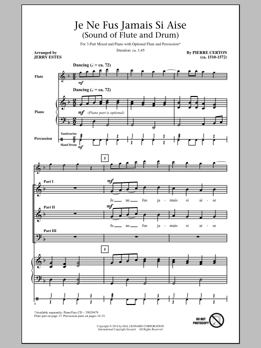 Jerry Estes Je Ne Fus Jamais Si Aise Sheet Music Notes & Chords for 3-Part Mixed - Download or Print PDF