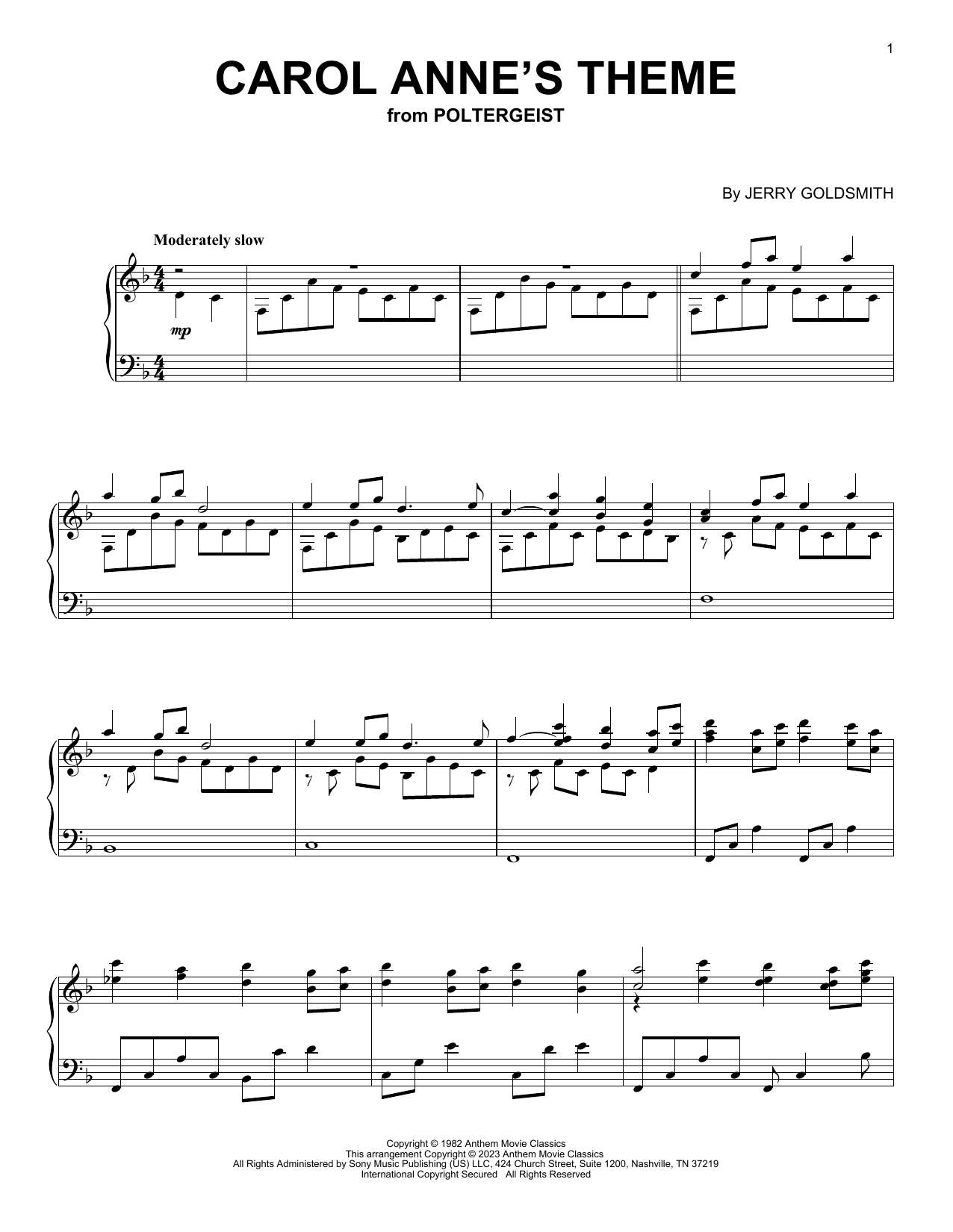 Jerry Goldsmith Carol Anne's Theme (from Poltergeist) Sheet Music Notes & Chords for Piano Solo - Download or Print PDF