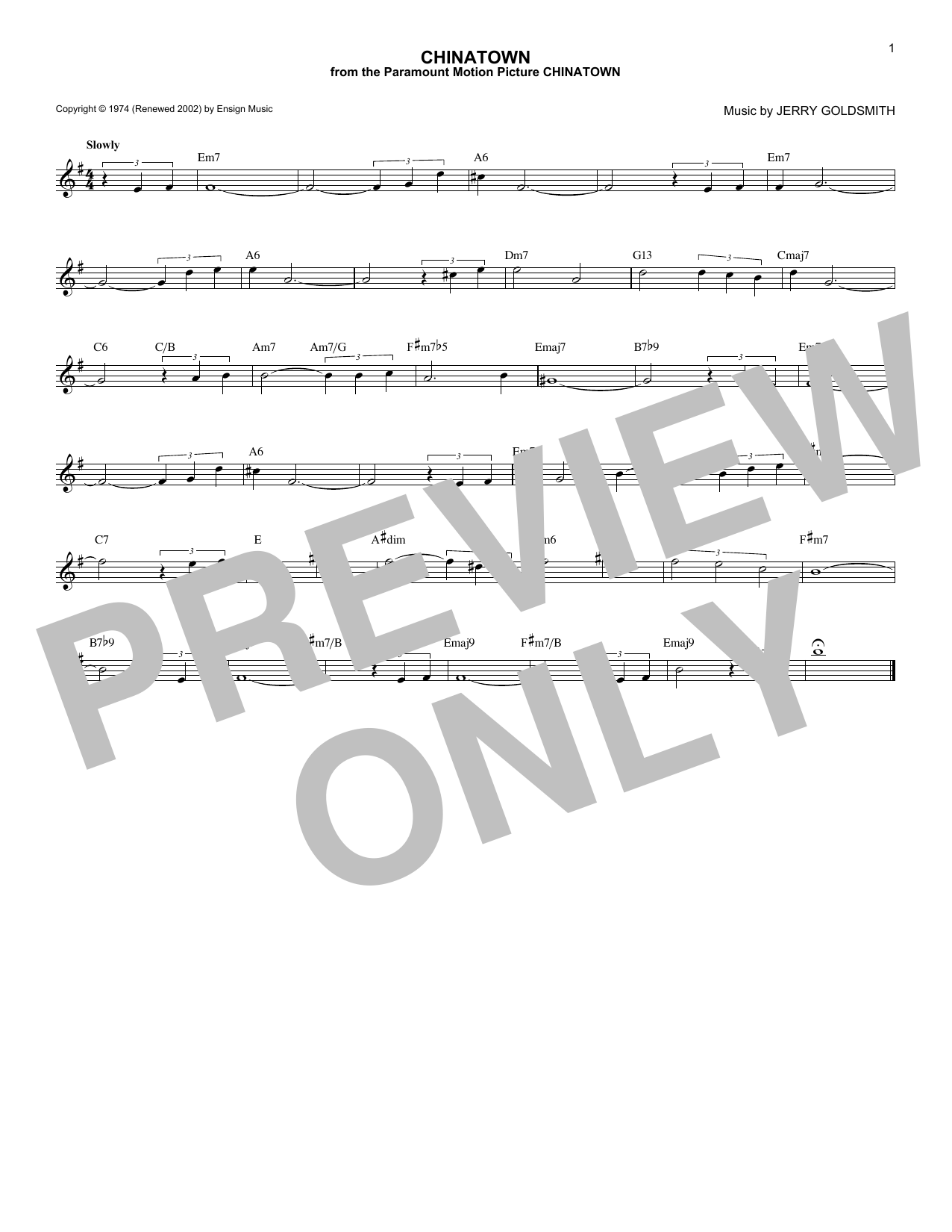 Jerry Goldsmith Chinatown Sheet Music Notes & Chords for Melody Line, Lyrics & Chords - Download or Print PDF