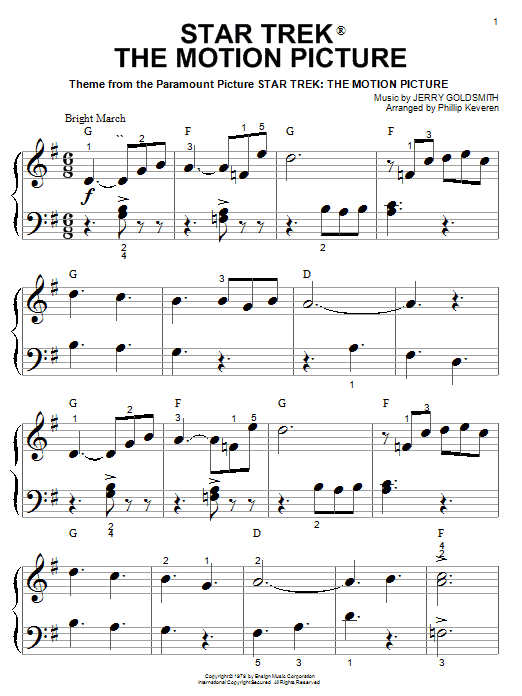 Jerry Goldsmith Star Trek(R) The Motion Picture Sheet Music Notes & Chords for Piano (Big Notes) - Download or Print PDF