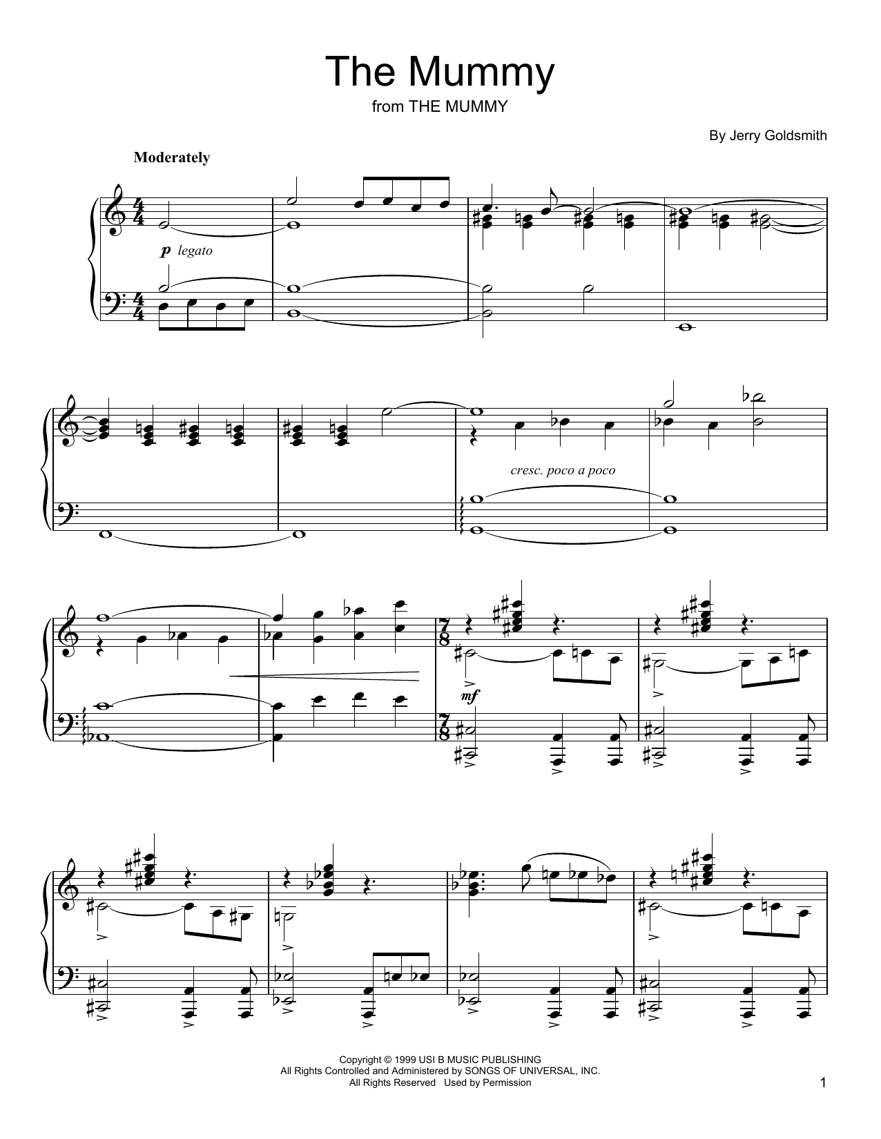 Jerry Goldsmith The Mummy Sheet Music Notes & Chords for Piano, Vocal & Guitar (Right-Hand Melody) - Download or Print PDF