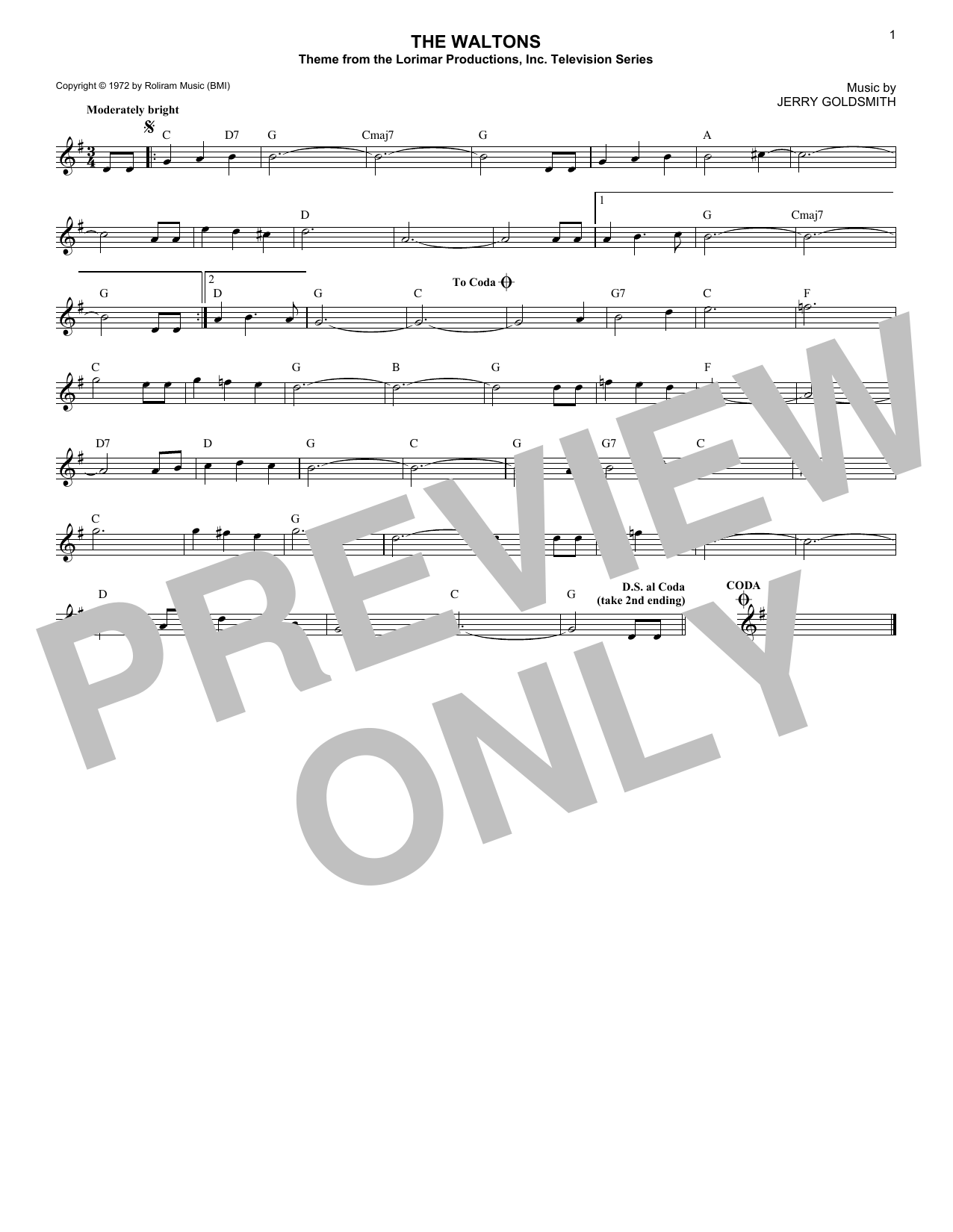 Jerry Goldsmith The Waltons Sheet Music Notes & Chords for Lead Sheet / Fake Book - Download or Print PDF