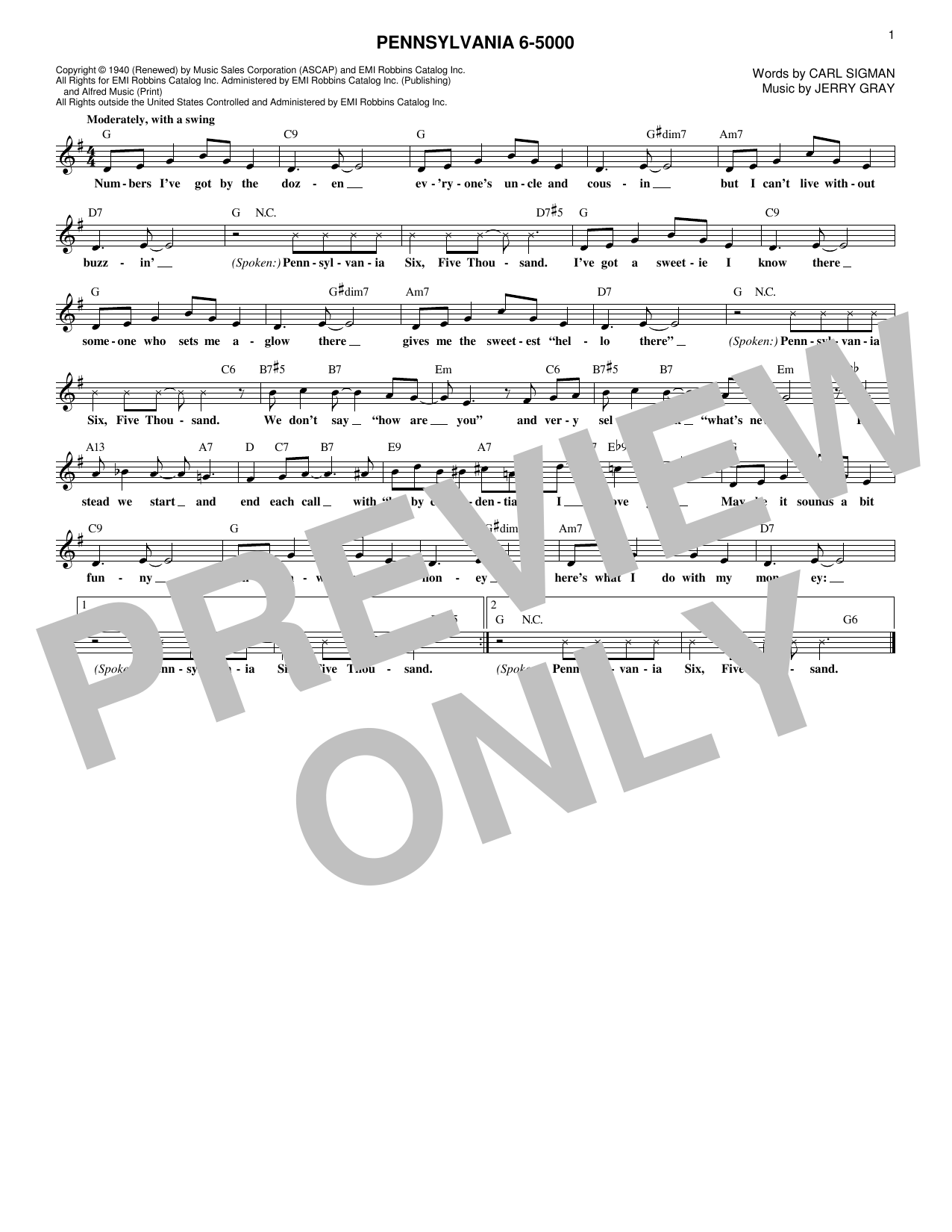 Jerry Gray Pennsylvania 6-5000 Sheet Music Notes & Chords for Melody Line, Lyrics & Chords - Download or Print PDF
