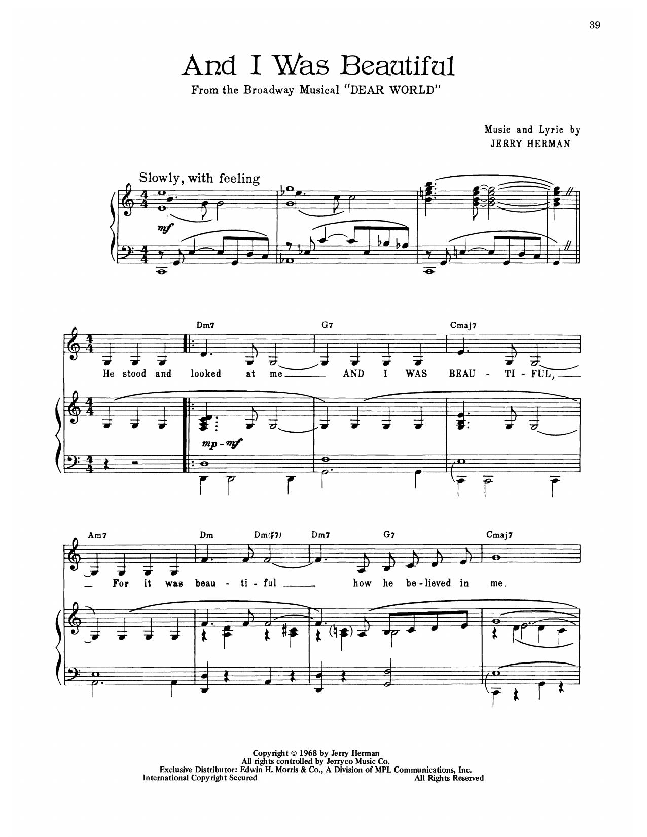 Jerry Herman And I Was Beautiful (from Dear World) Sheet Music Notes & Chords for Piano, Vocal & Guitar Chords (Right-Hand Melody) - Download or Print PDF