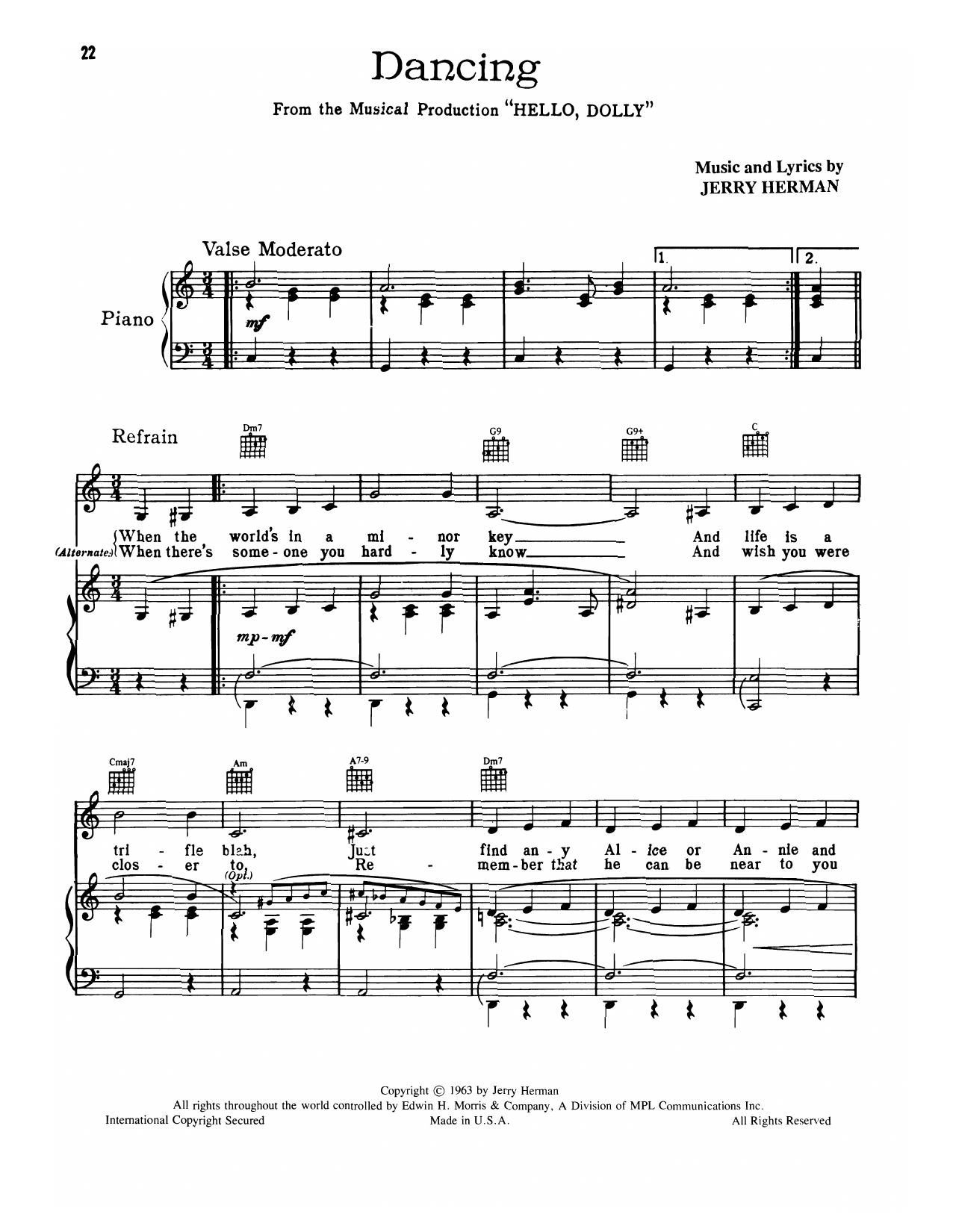 Jerry Herman Dancing (from Hello, Dolly!) Sheet Music Notes & Chords for Piano, Vocal & Guitar Chords (Right-Hand Melody) - Download or Print PDF