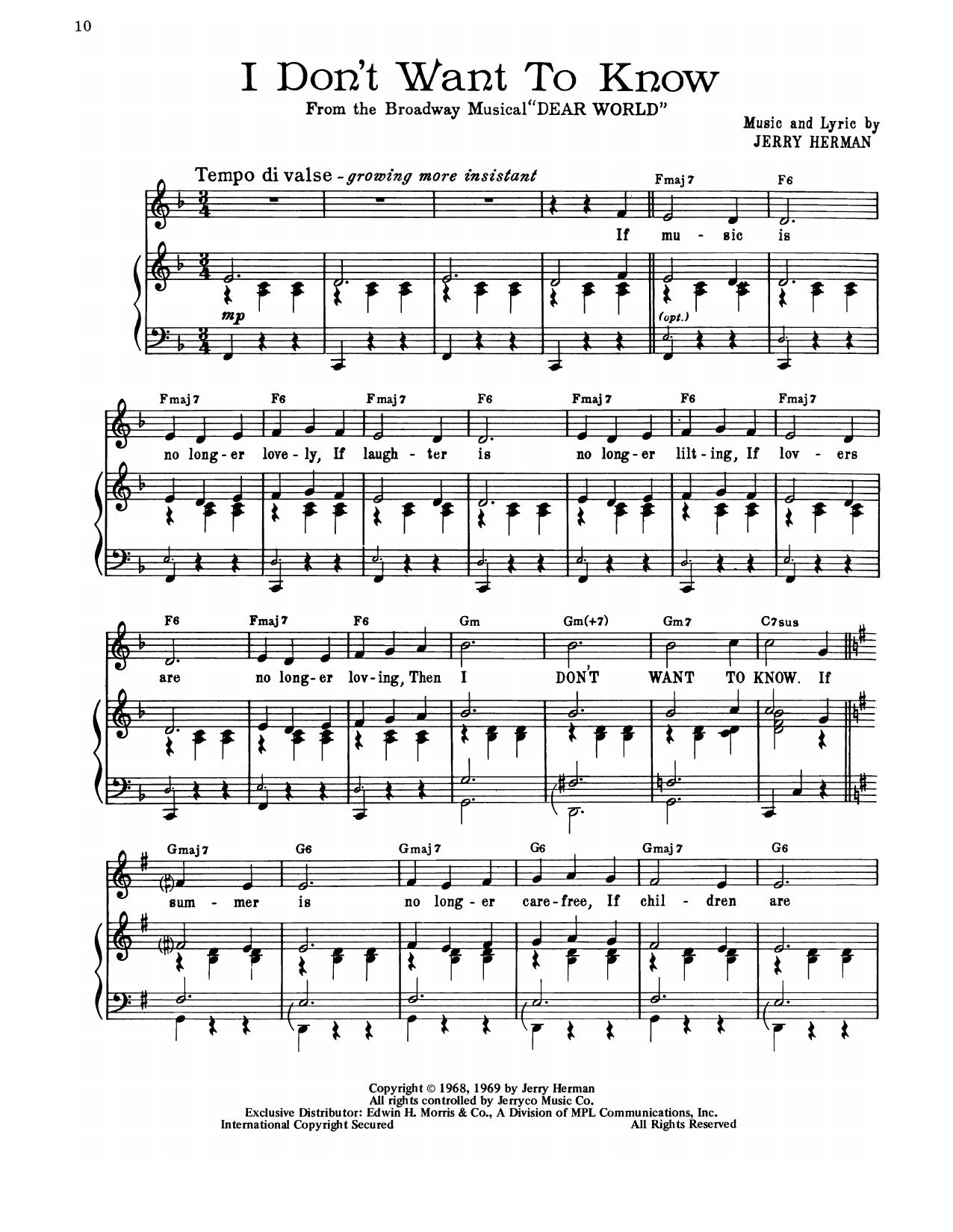 Jerry Herman I Don't Want To Know (from Dear World) Sheet Music Notes & Chords for Piano, Vocal & Guitar (Right-Hand Melody) - Download or Print PDF