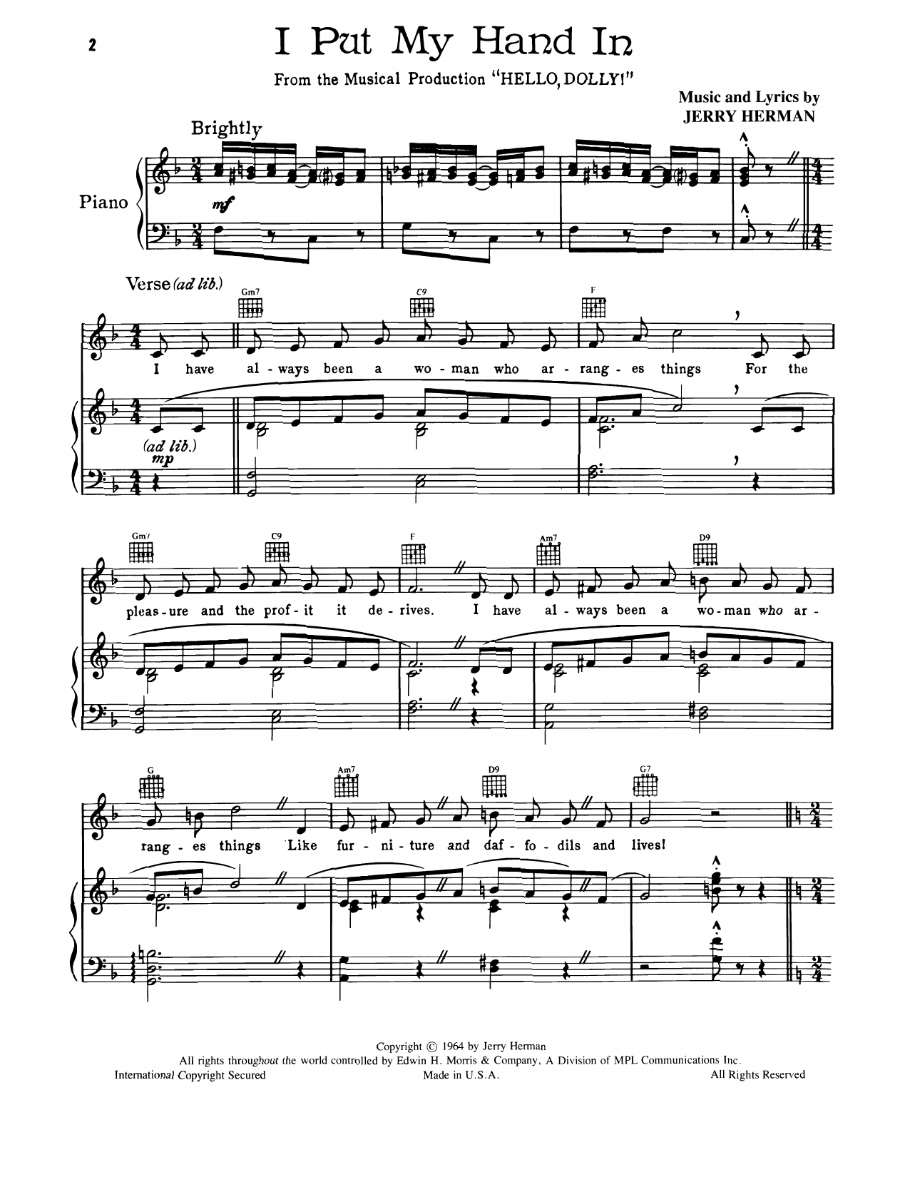 Jerry Herman I Put My Hand In (from Hello, Dolly!) Sheet Music Notes & Chords for Piano, Vocal & Guitar Chords (Right-Hand Melody) - Download or Print PDF