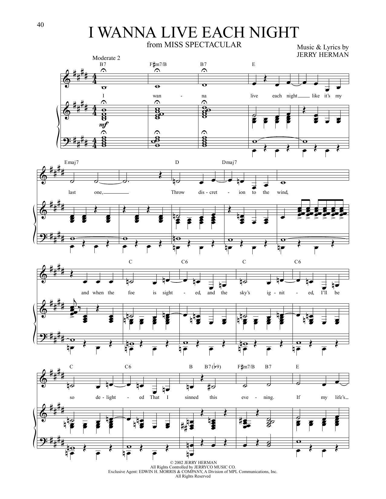 Jerry Herman I Wanna Live Each Night (from Miss Spectacular) Sheet Music Notes & Chords for Piano & Vocal - Download or Print PDF