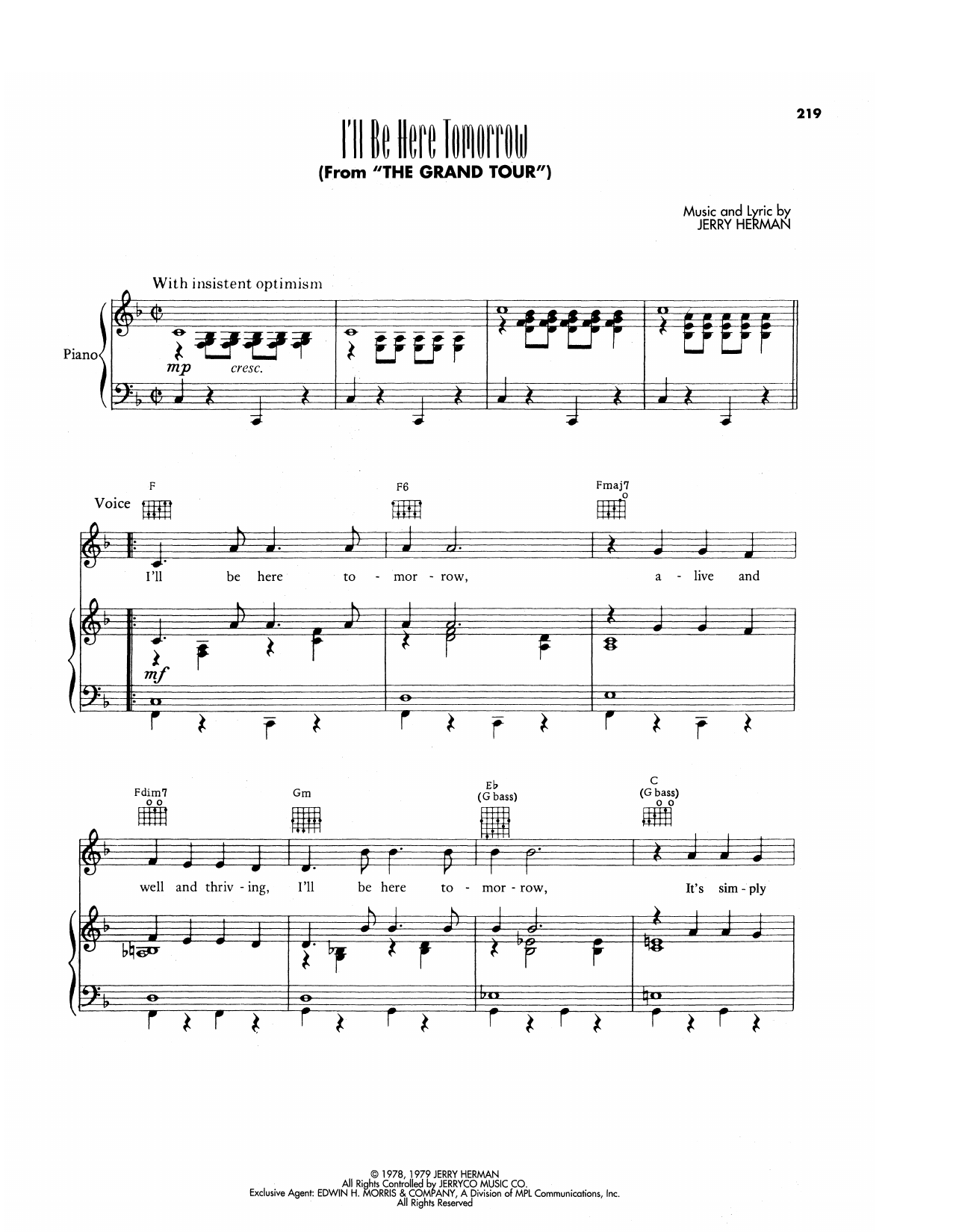 Jerry Herman I'll Be Here Tomorrow (from The Grand Tour) Sheet Music Notes & Chords for Piano, Vocal & Guitar Chords (Right-Hand Melody) - Download or Print PDF