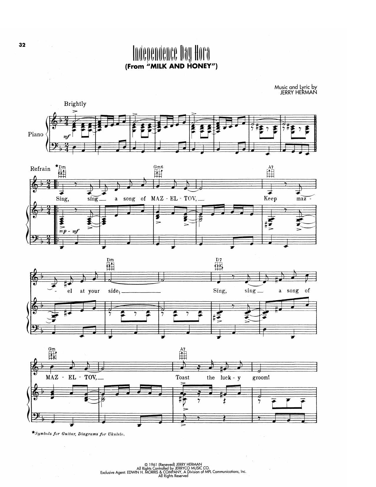 Jerry Herman Independence Day Hora (from Milk And Honey) Sheet Music Notes & Chords for Piano, Vocal & Guitar Chords (Right-Hand Melody) - Download or Print PDF