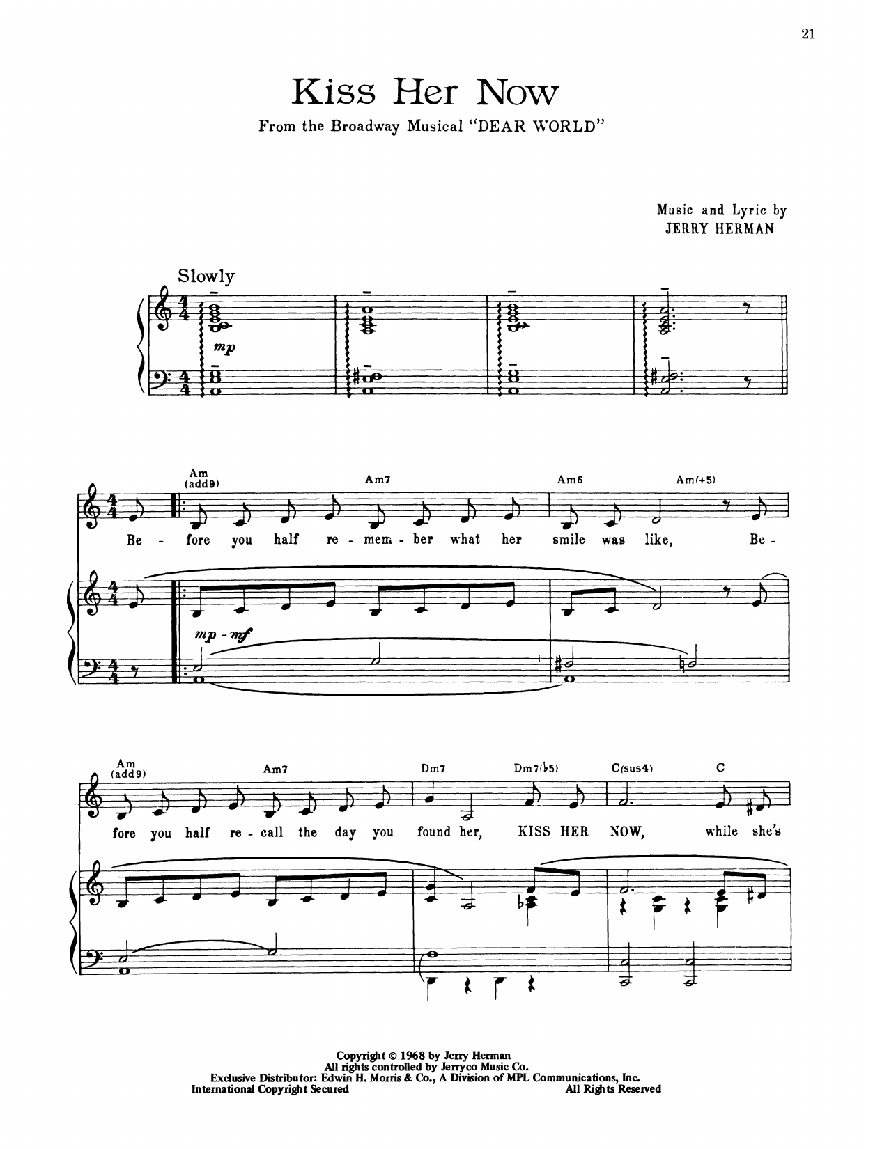 Jerry Herman Kiss Her Now (from Dear World) Sheet Music Notes & Chords for Piano, Vocal & Guitar Chords (Right-Hand Melody) - Download or Print PDF