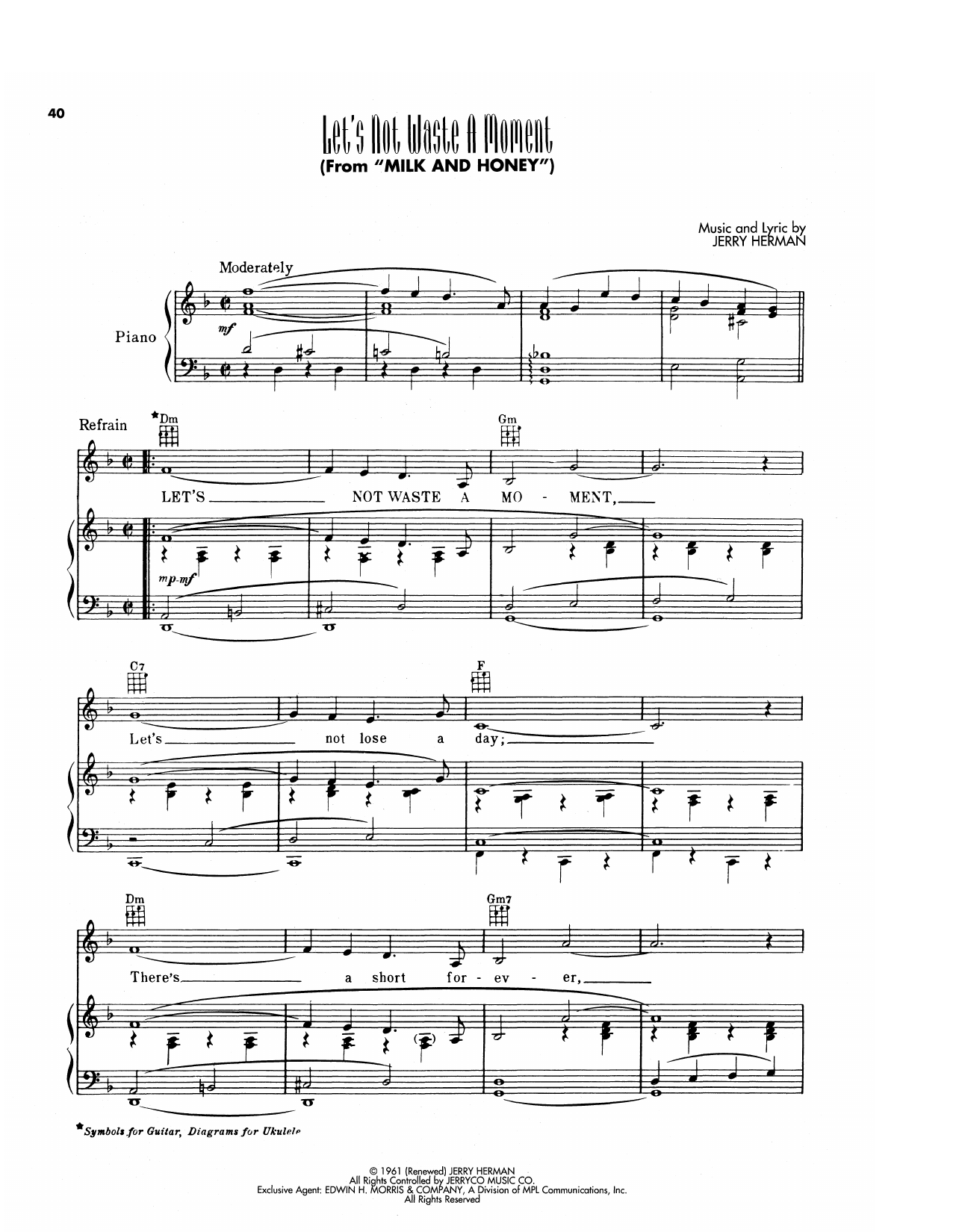 Jerry Herman Let's Not Waste A Moment (from Milk And Honey) Sheet Music Notes & Chords for Piano, Vocal & Guitar Chords (Right-Hand Melody) - Download or Print PDF