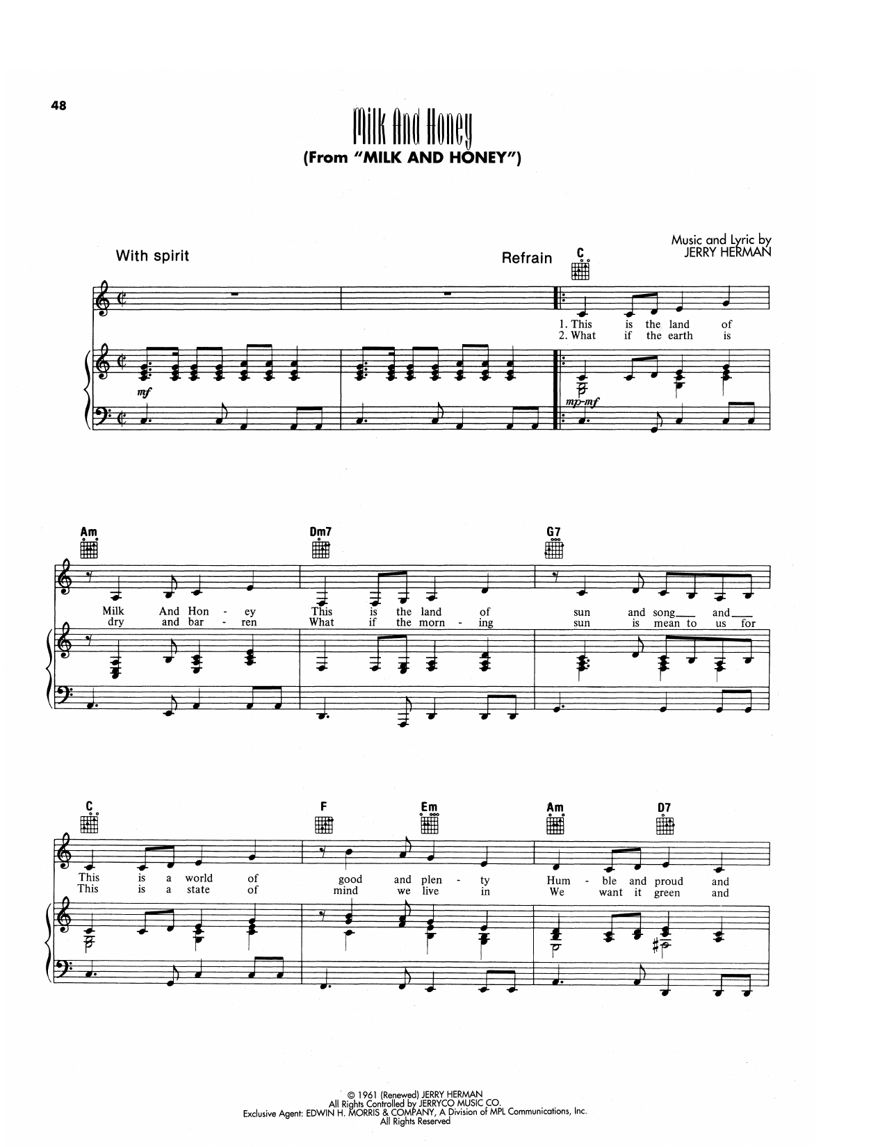 Jerry Herman Milk And Honey Sheet Music Notes & Chords for Piano, Vocal & Guitar Chords (Right-Hand Melody) - Download or Print PDF
