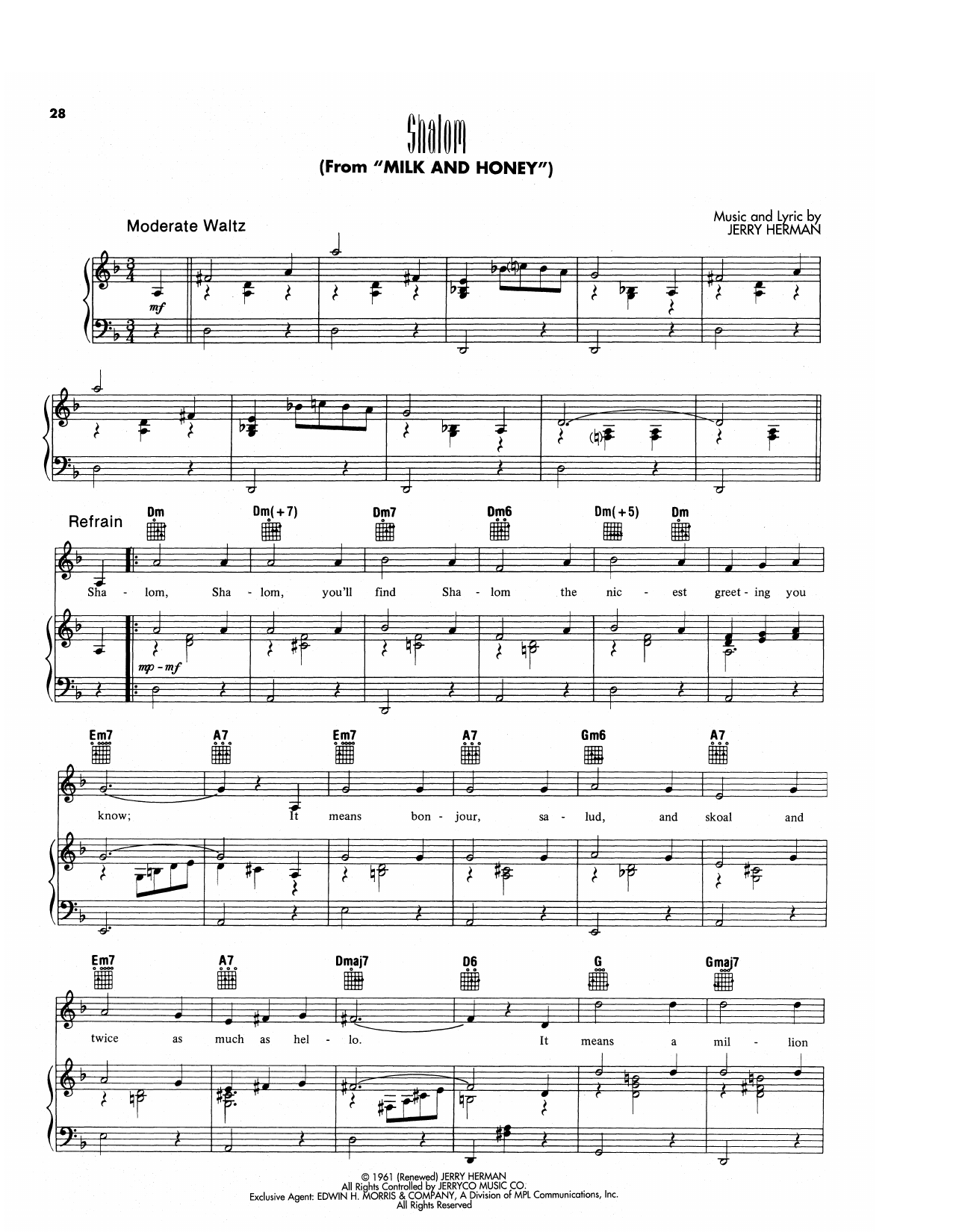Jerry Herman Shalom (from Milk And Honey) Sheet Music Notes & Chords for Piano, Vocal & Guitar Chords (Right-Hand Melody) - Download or Print PDF