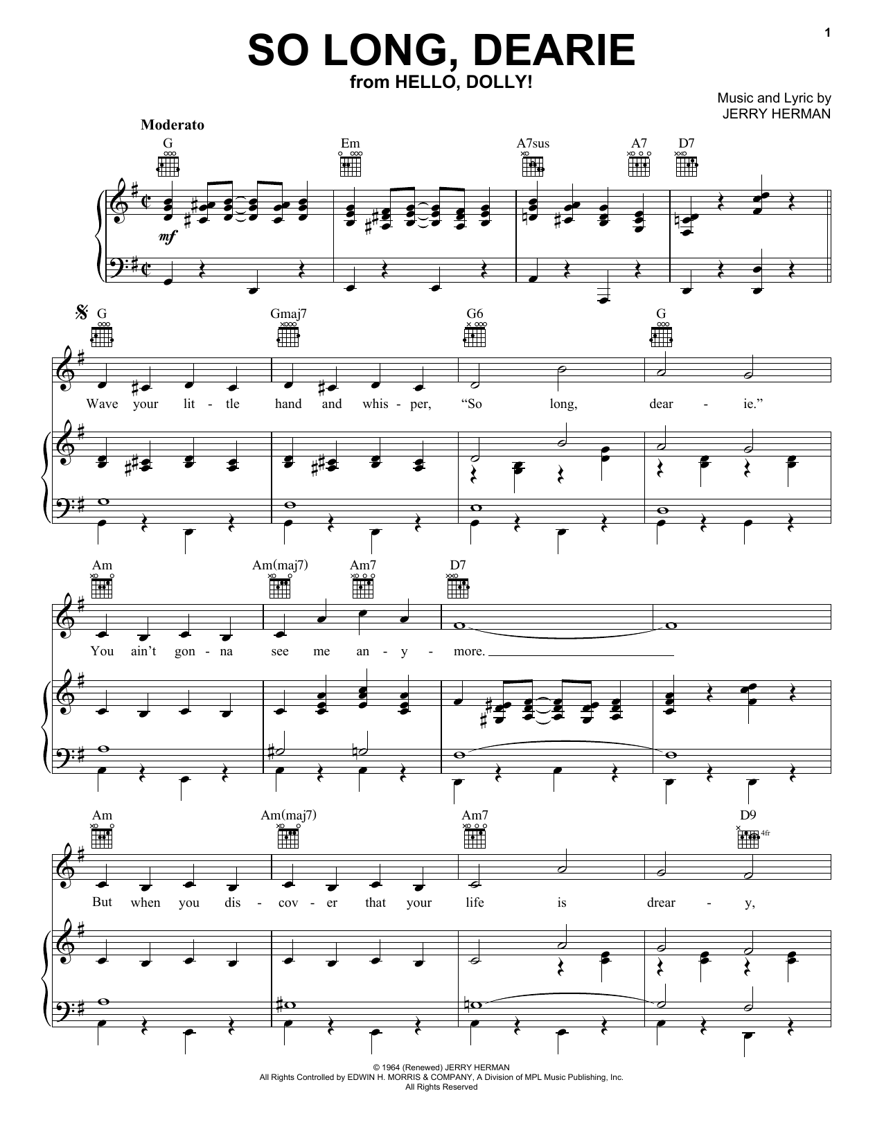 Jerry Herman So Long, Dearie (from Hello, Dolly!) Sheet Music Notes & Chords for Piano, Vocal & Guitar Chords (Right-Hand Melody) - Download or Print PDF