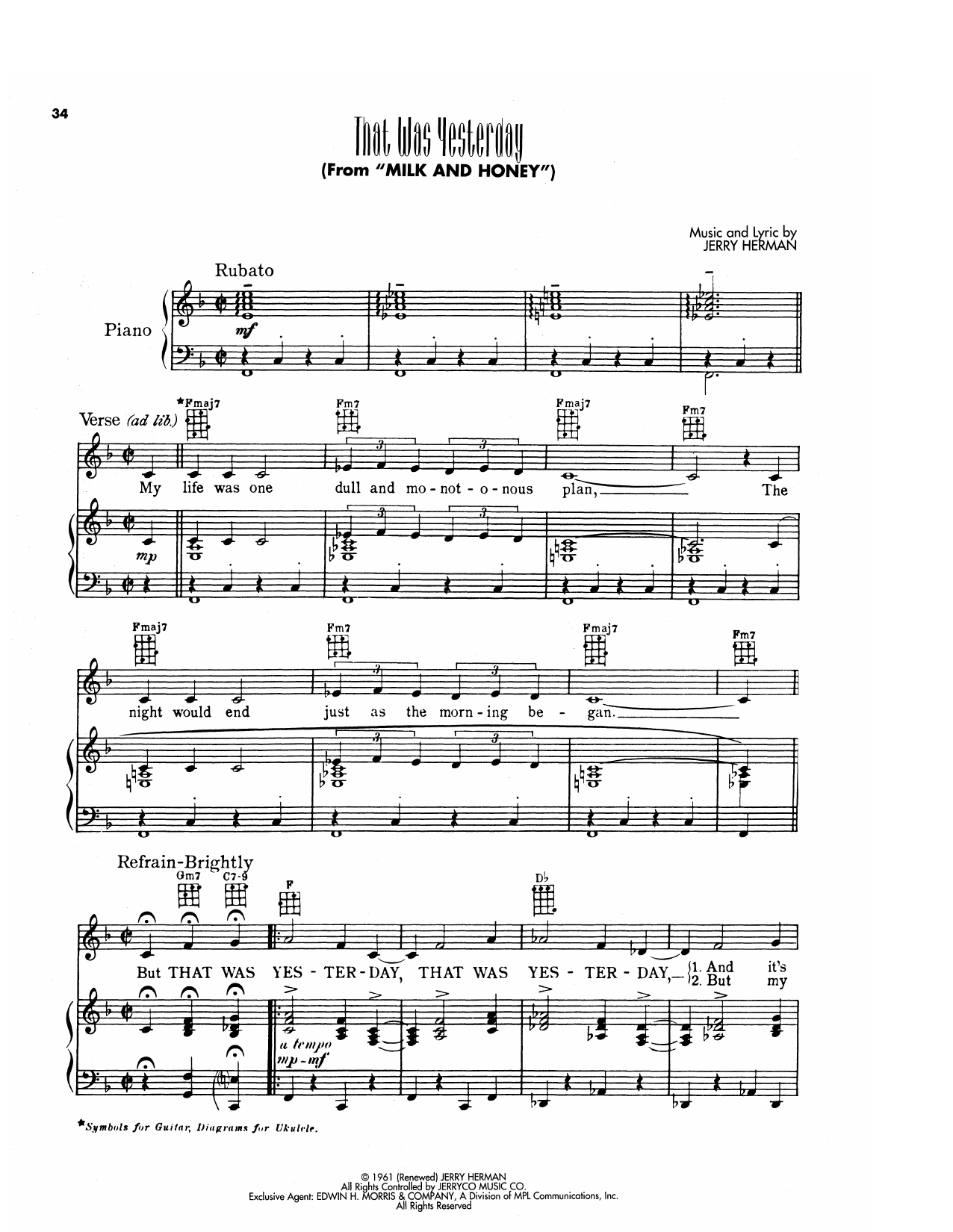 Jerry Herman That Was Yesterday (from Hello, Dolly!) Sheet Music Notes & Chords for Piano, Vocal & Guitar Chords (Right-Hand Melody) - Download or Print PDF