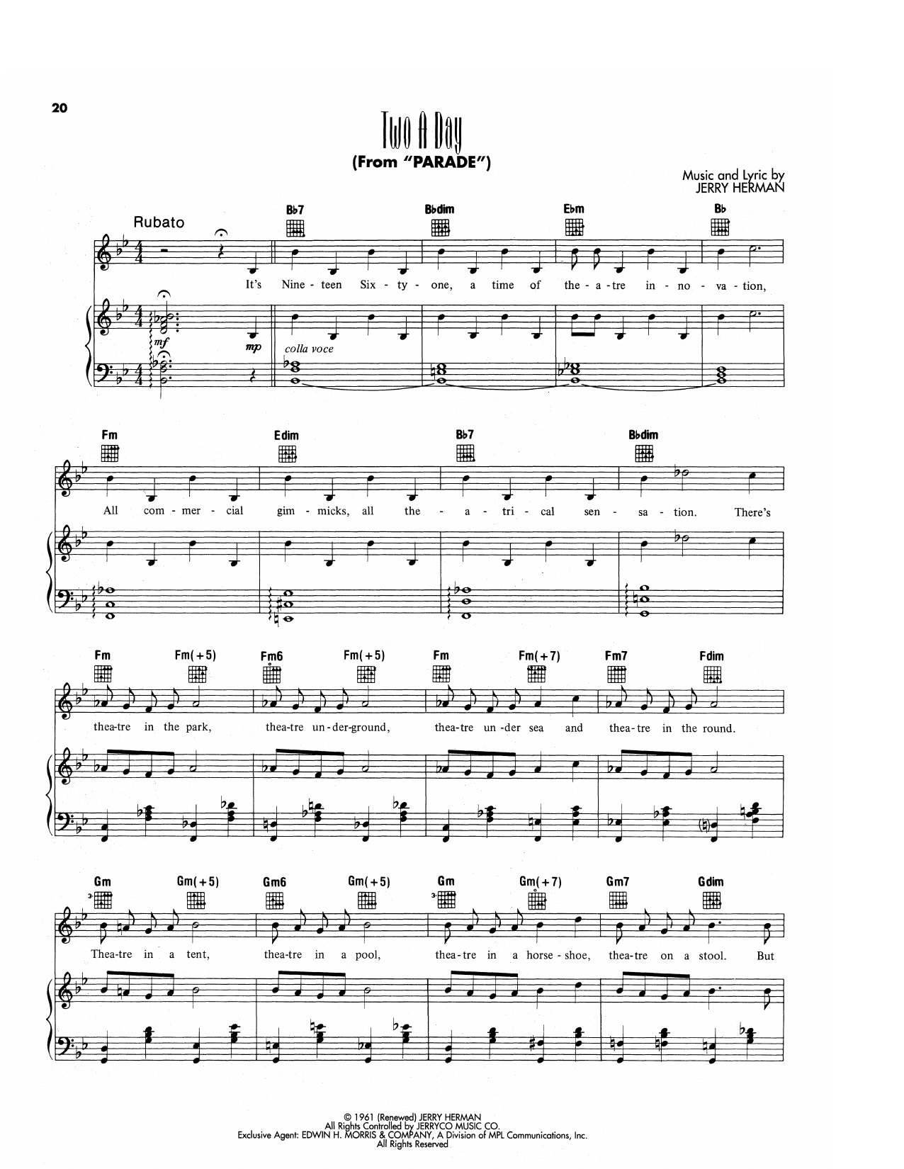 Jerry Herman Two A Day (from Parade) Sheet Music Notes & Chords for Piano, Vocal & Guitar Chords (Right-Hand Melody) - Download or Print PDF