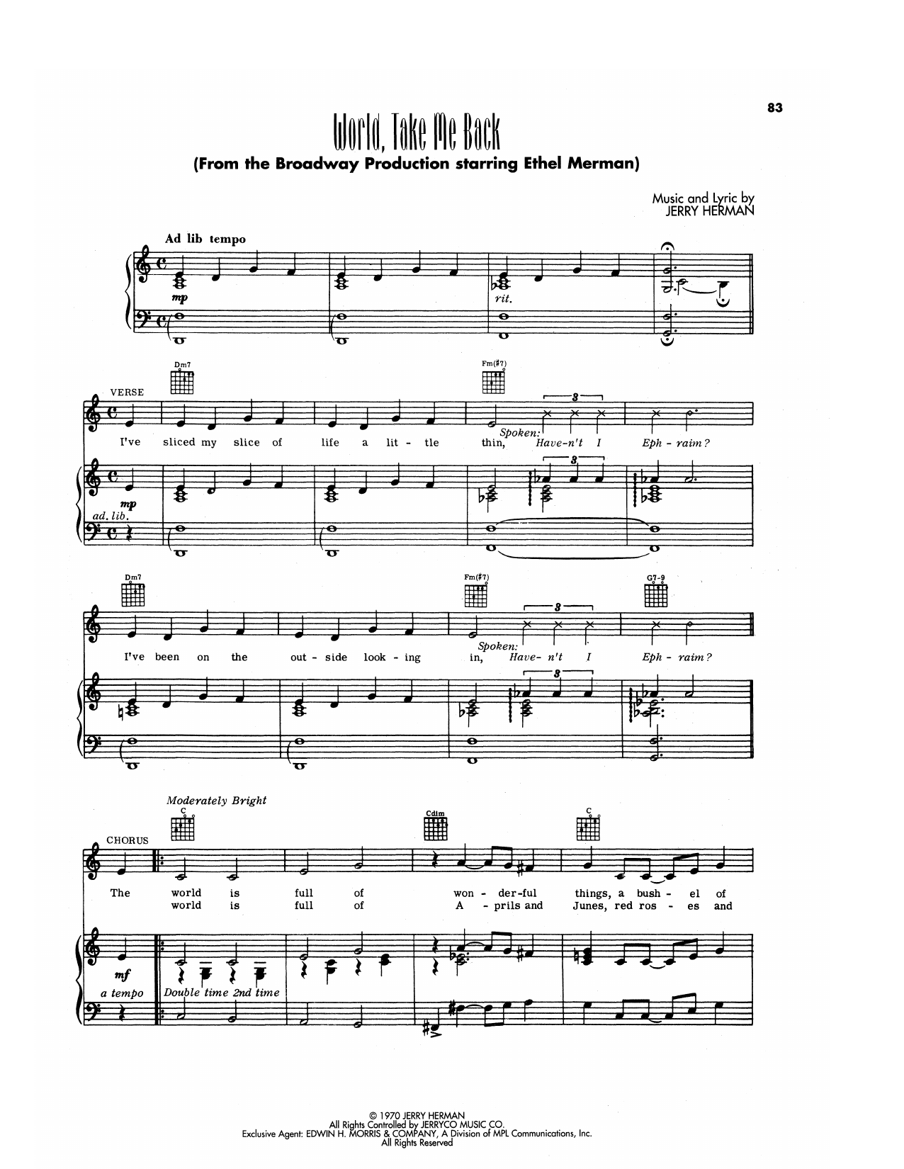 Jerry Herman World, Take Me Back (from Hello, Dolly!) Sheet Music Notes & Chords for Piano, Vocal & Guitar Chords (Right-Hand Melody) - Download or Print PDF