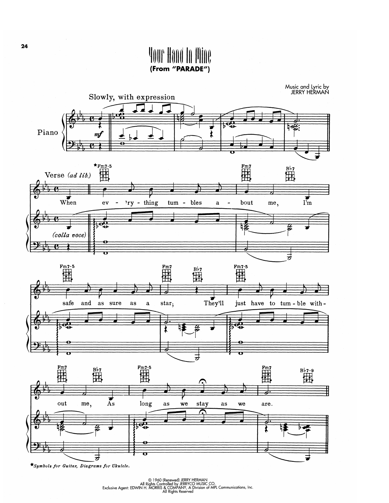 Jerry Herman Your Hand In Mine (from Parade) Sheet Music Notes & Chords for Piano, Vocal & Guitar Chords (Right-Hand Melody) - Download or Print PDF