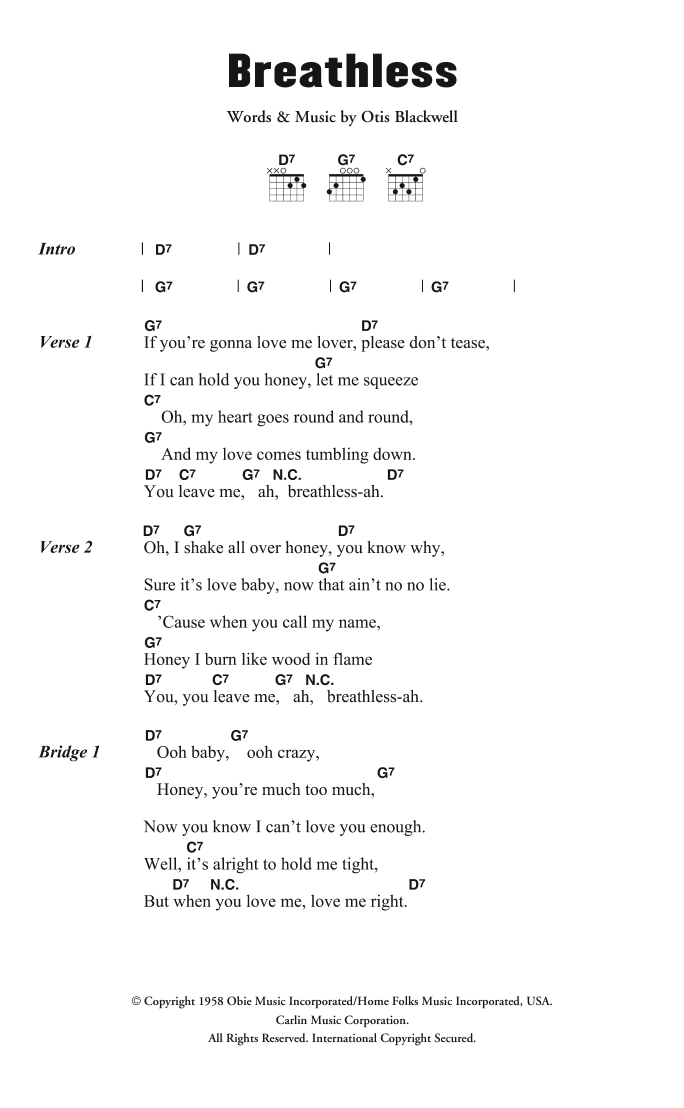 Jerry Lee Lewis Breathless Sheet Music Notes & Chords for Lyrics & Chords - Download or Print PDF
