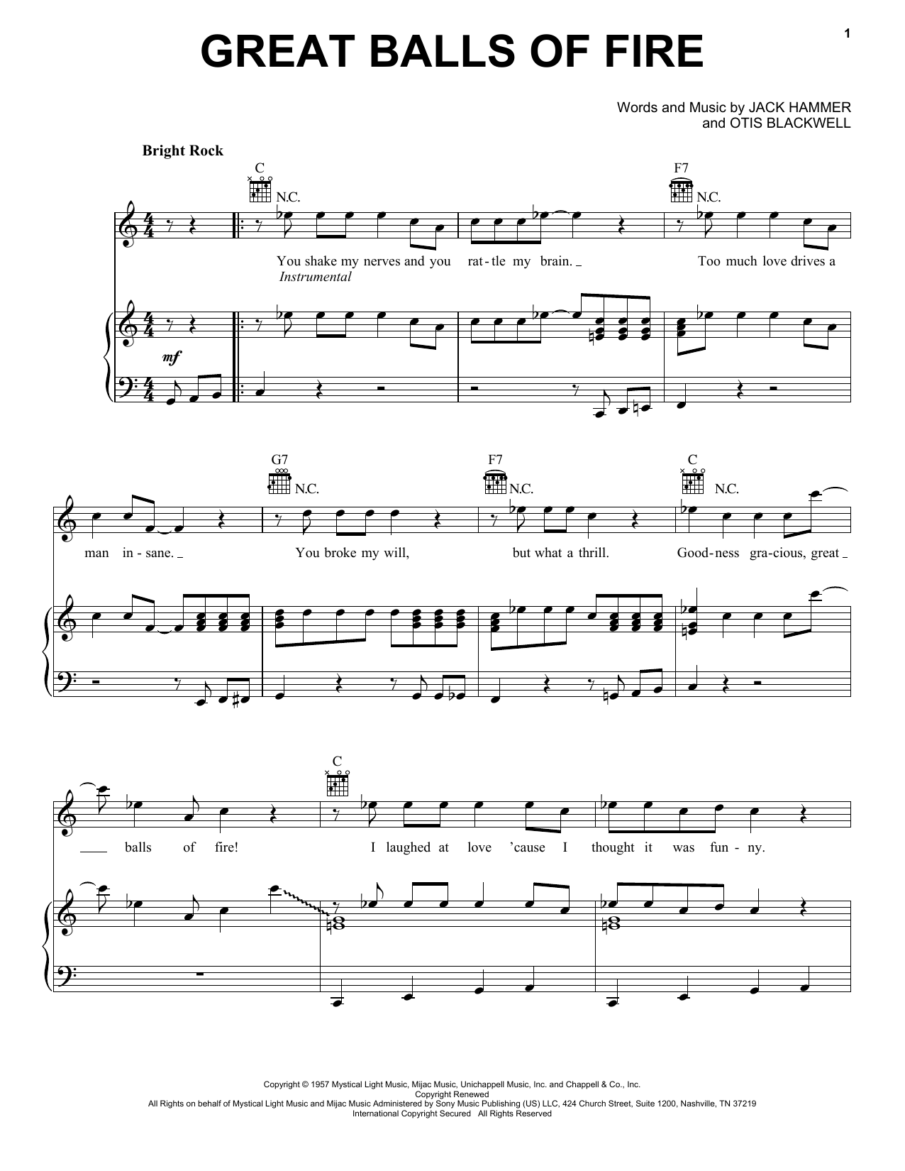 Jerry Lee Lewis Great Balls Of Fire (from Top Gun: Maverick) Sheet Music Notes & Chords for Piano, Vocal & Guitar Chords (Right-Hand Melody) - Download or Print PDF