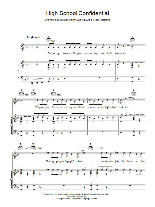 Jerry Lee Lewis High School Confidential Sheet Music Notes & Chords for Piano, Vocal & Guitar (Right-Hand Melody) - Download or Print PDF