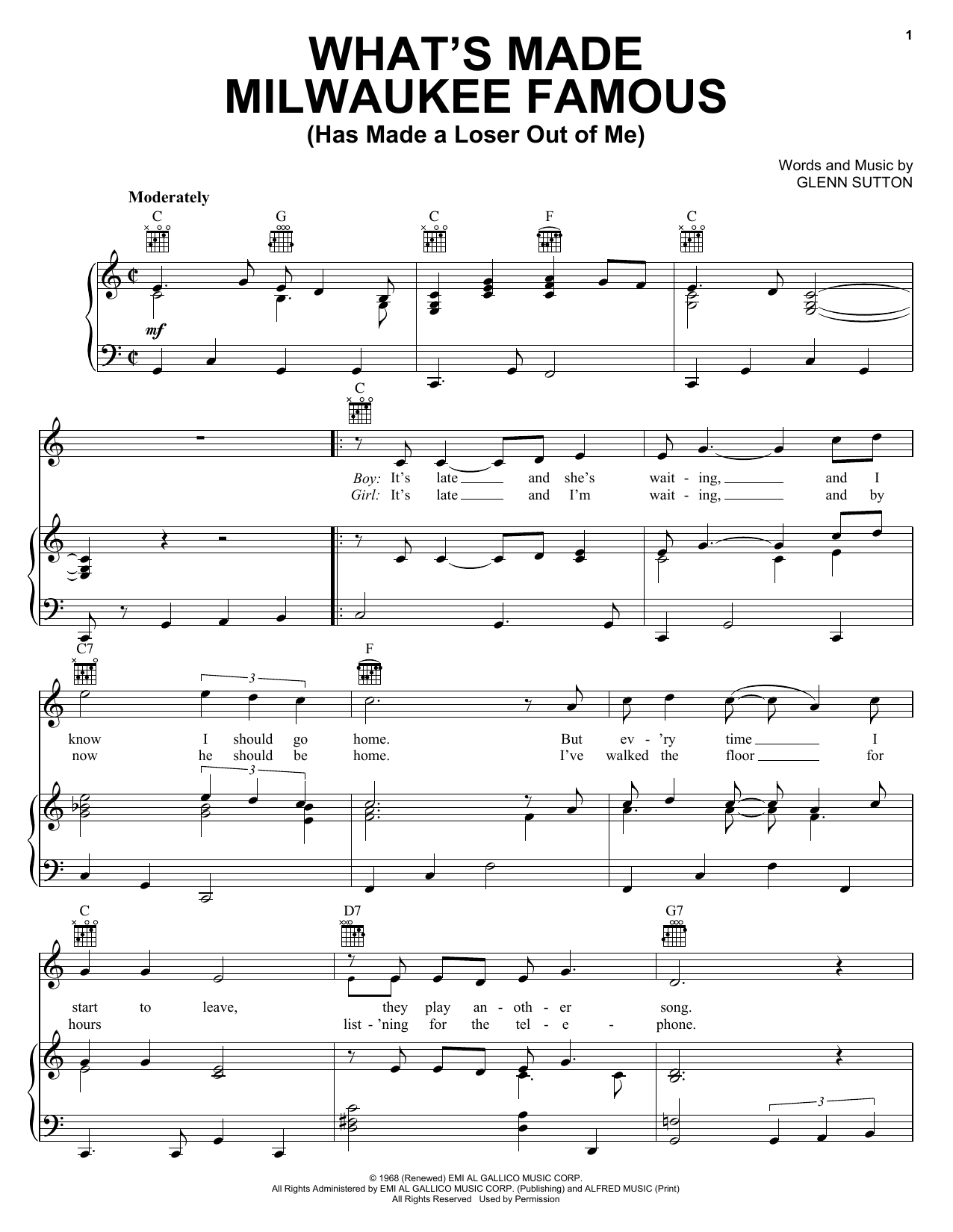 Jerry Lee Lewis What's Made Milwaukee Famous (Has Made A Loser Out Of Me) Sheet Music Notes & Chords for Piano, Vocal & Guitar (Right-Hand Melody) - Download or Print PDF