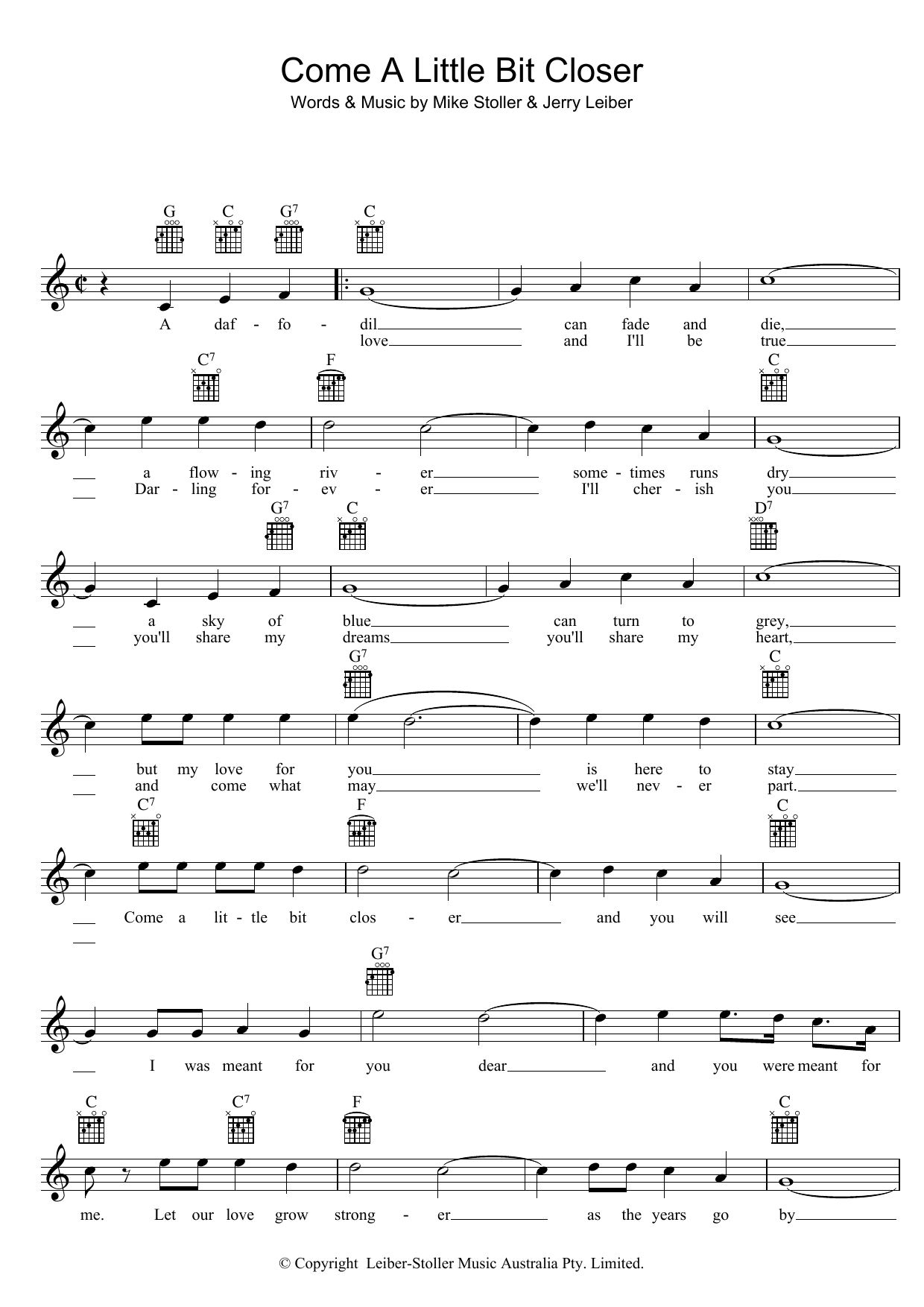 Jerry Leiber & Mike Stoller Come A Little Bit Closer Sheet Music Notes & Chords for Melody Line, Lyrics & Chords - Download or Print PDF