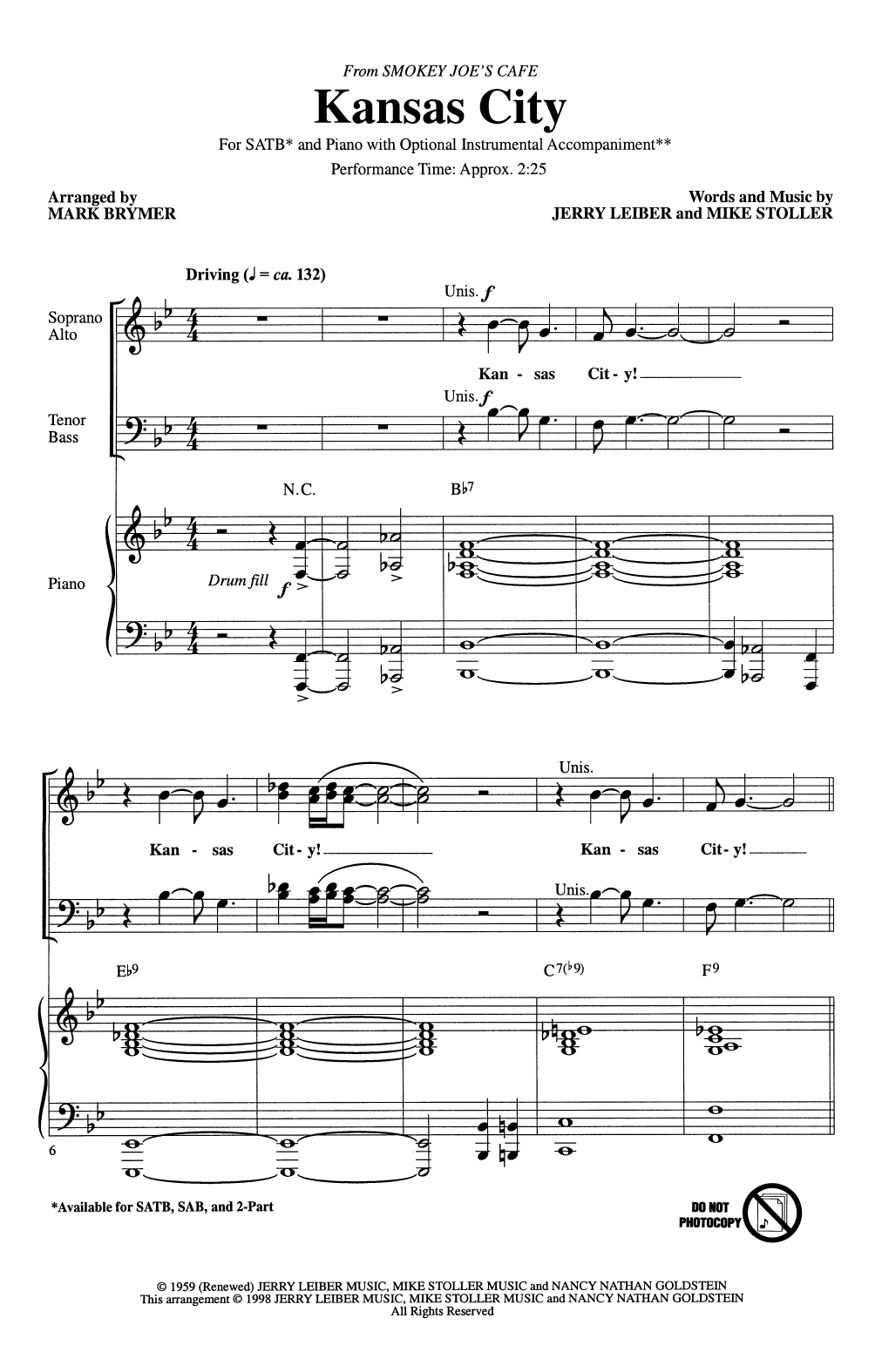 Jerry Leiber and Mike Stoller Kansas City (from Smokey Joe's Cafe) (arr. Mark Brymer) Sheet Music Notes & Chords for SATB Choir - Download or Print PDF
