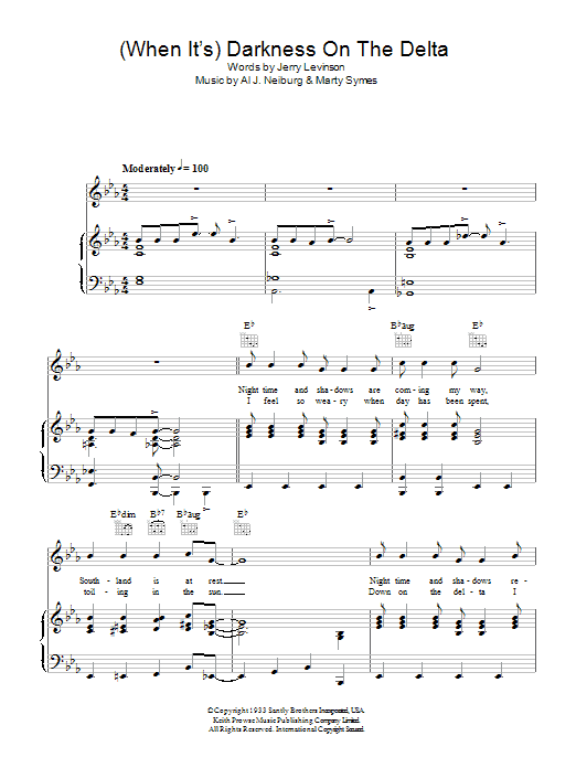 Jerry Levinson (When It's) Darkness On The Delta Sheet Music Notes & Chords for Piano, Vocal & Guitar (Right-Hand Melody) - Download or Print PDF