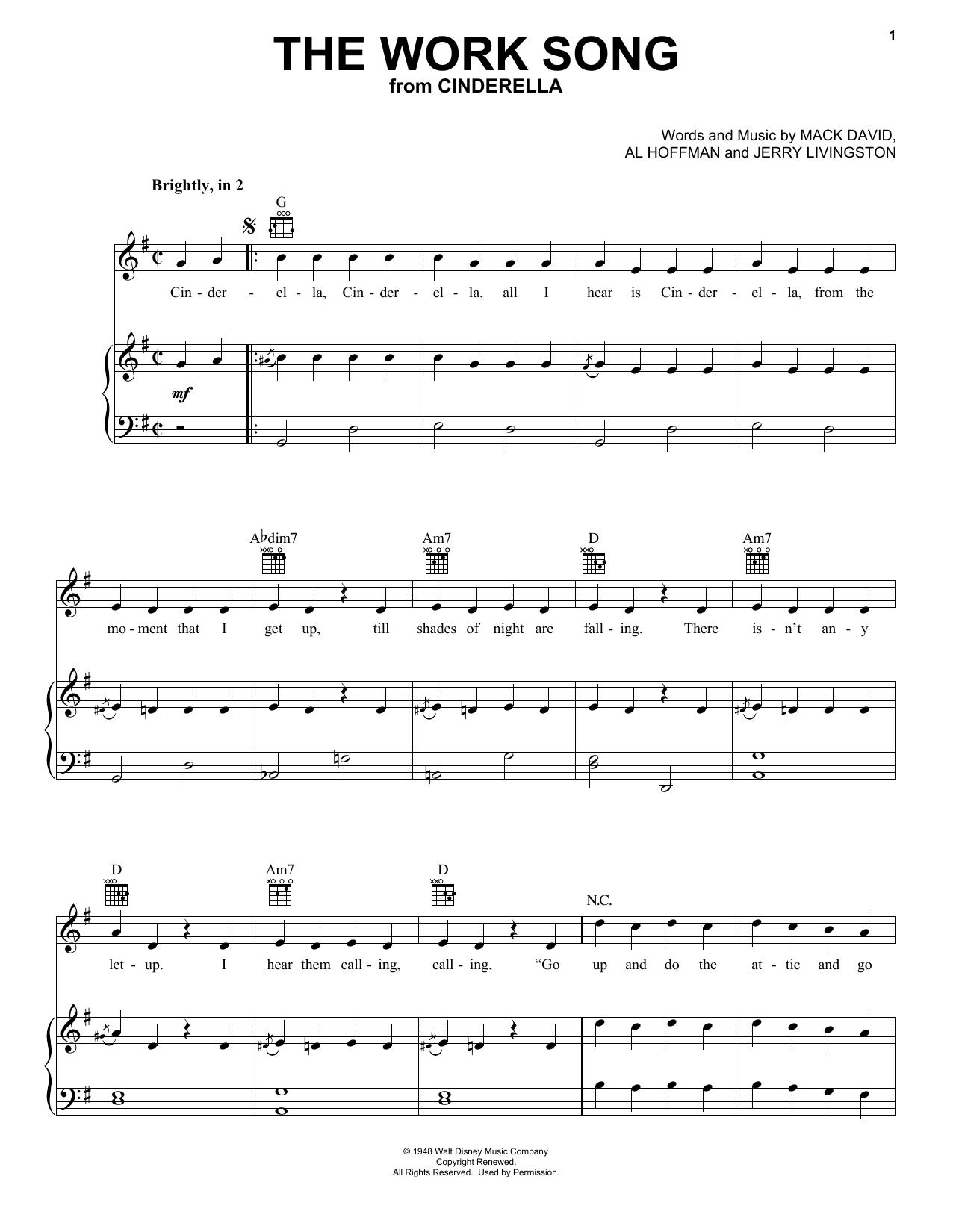 Jerry Livingston The Work Song (from Disney's Cinderella) Sheet Music Notes & Chords for Piano, Vocal & Guitar (Right-Hand Melody) - Download or Print PDF