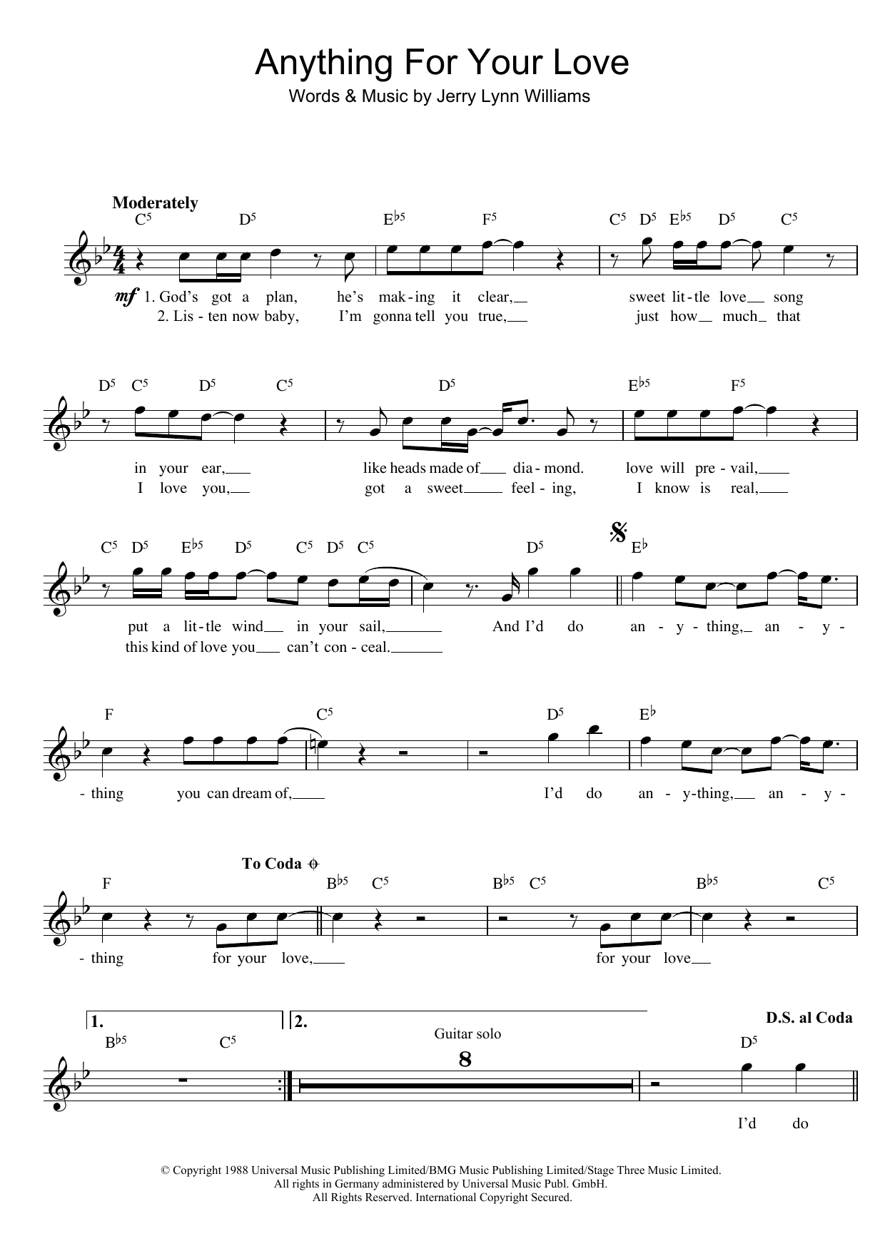 Jerry Lynn Williams Anything For Your Love Sheet Music Notes & Chords for Melody Line, Lyrics & Chords - Download or Print PDF