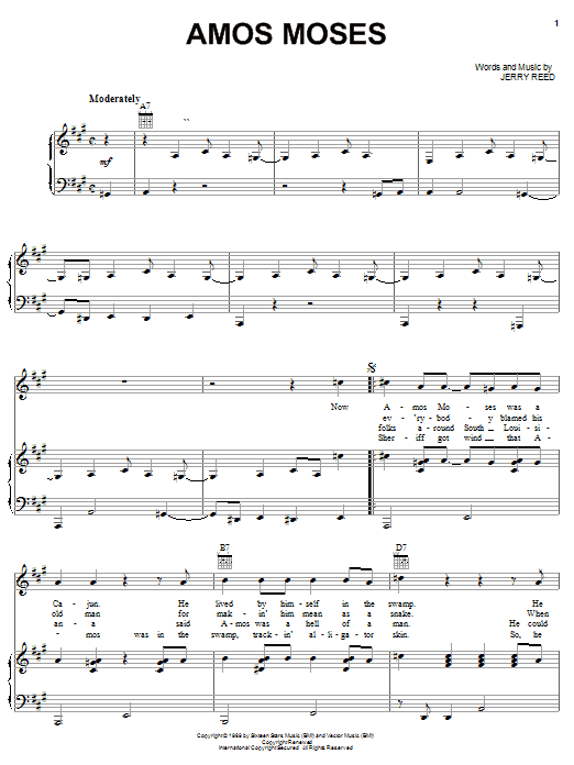 Jerry Reed Amos Moses Sheet Music Notes & Chords for Piano, Vocal & Guitar (Right-Hand Melody) - Download or Print PDF