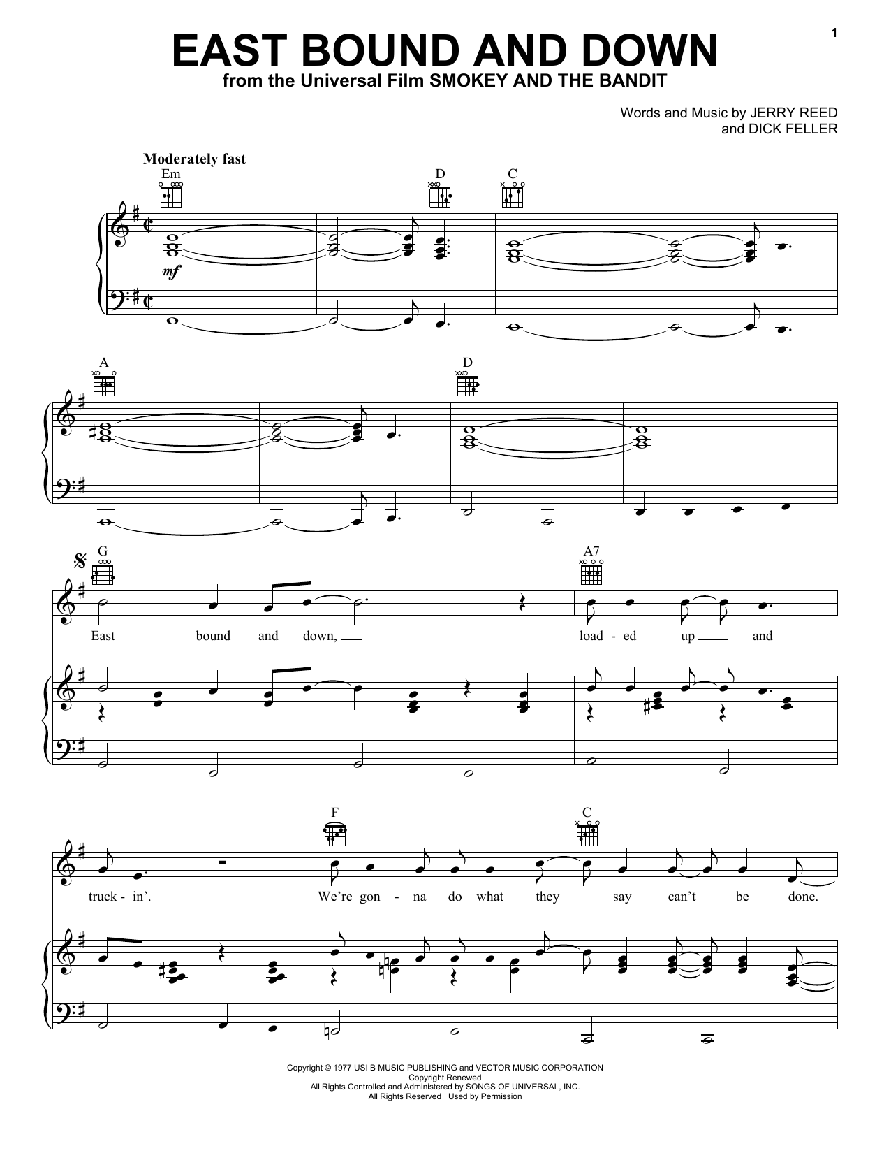Jerry Reed East Bound And Down Sheet Music Notes & Chords for Melody Line, Lyrics & Chords - Download or Print PDF