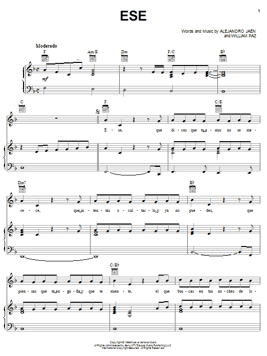 Jerry Rivera Ese Sheet Music Notes & Chords for Piano, Vocal & Guitar (Right-Hand Melody) - Download or Print PDF