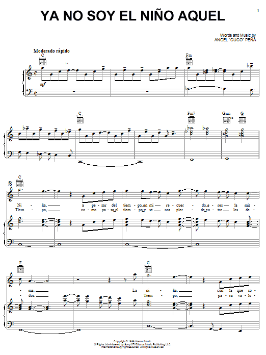 Jerry Rivera Ya No Soy El Nino Aquel Sheet Music Notes & Chords for Piano, Vocal & Guitar (Right-Hand Melody) - Download or Print PDF